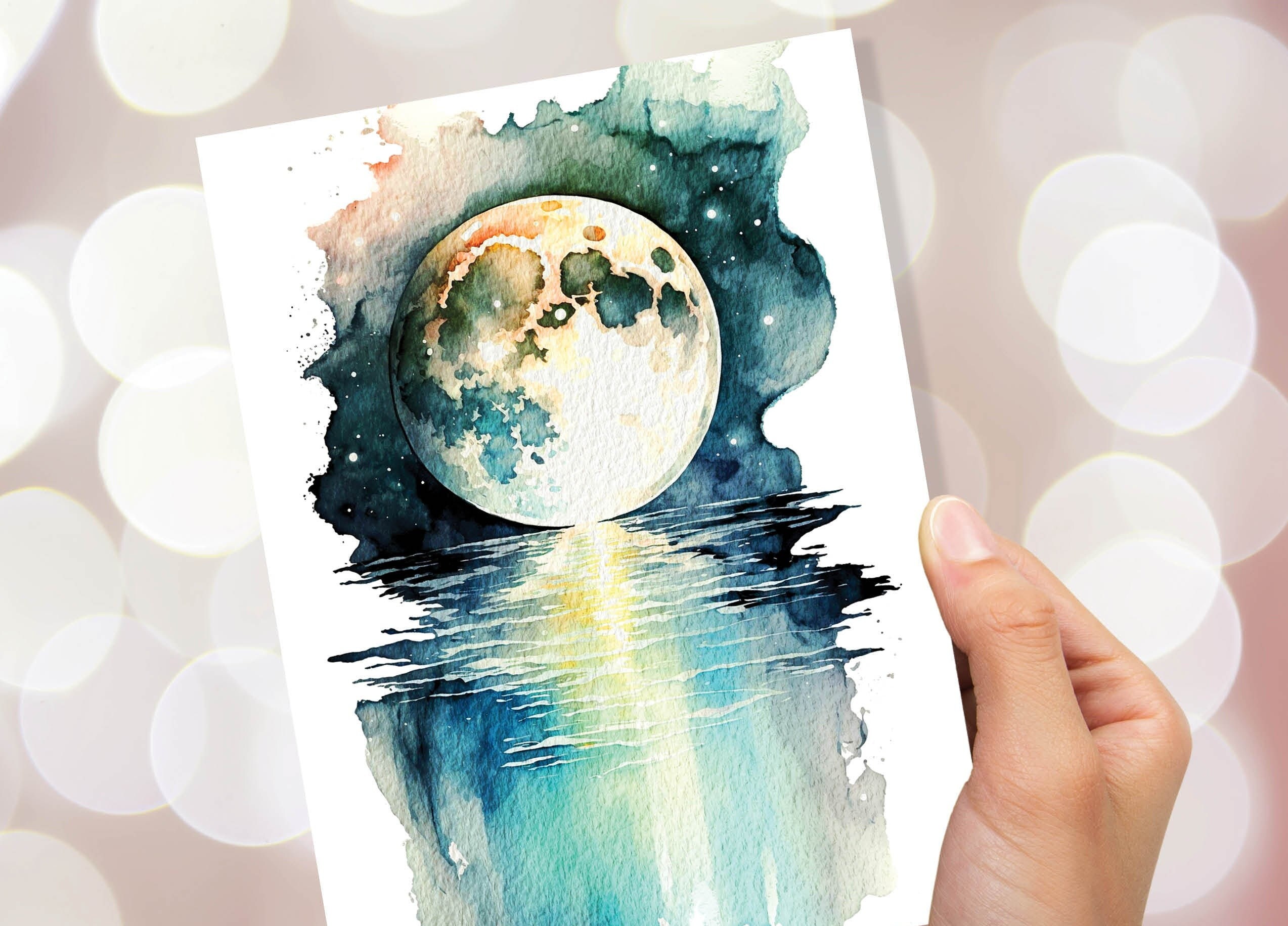 Moon Over Water Card Full Moon Rise Lunar Moonrise Stars Rising Lake Ocean River Sea Celestial Astrology Witchy Watercolour Birthday Cards - View 9