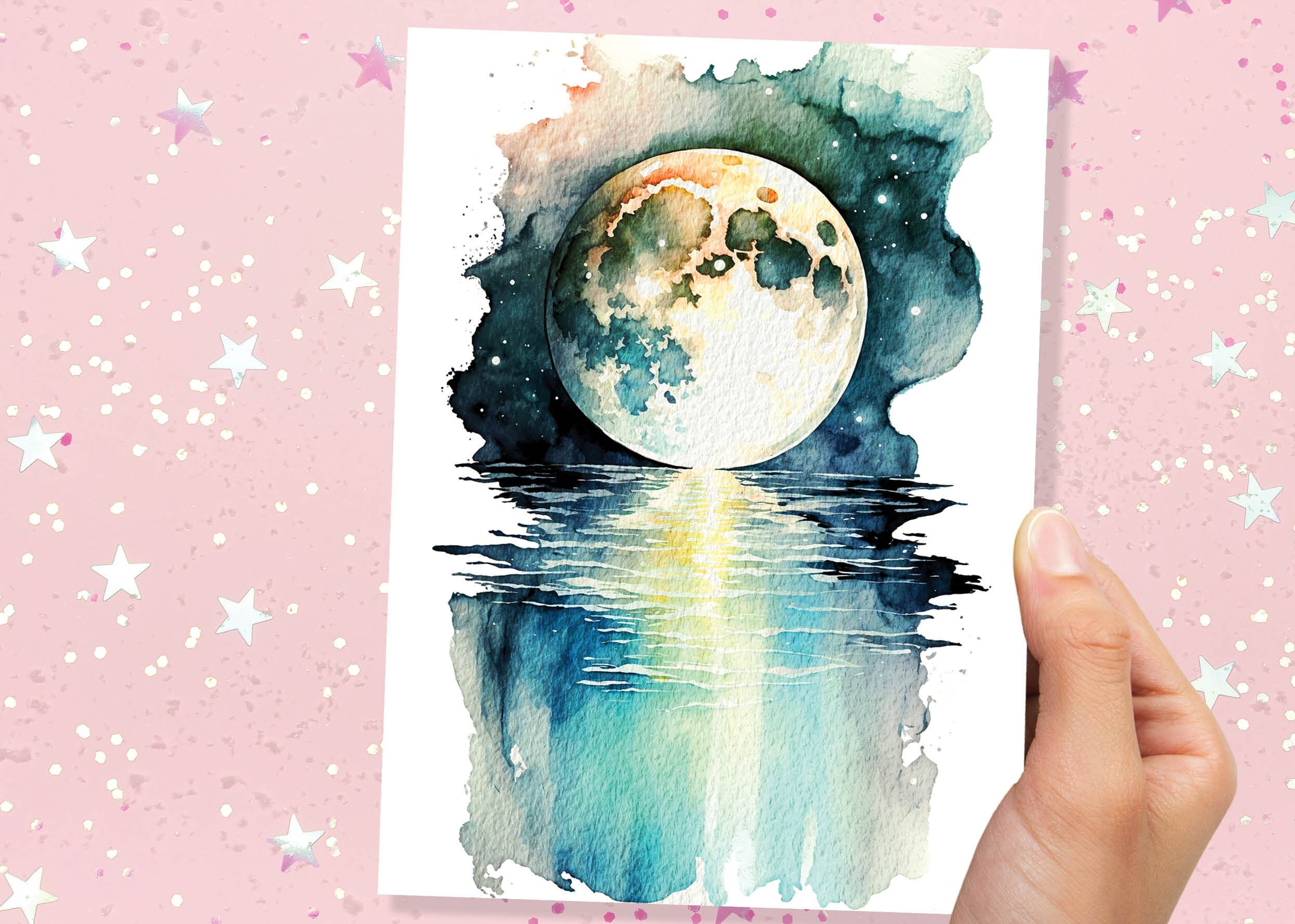 Moon Over Water Card Full Moon Rise Lunar Moonrise Stars Rising Lake Ocean River Sea Celestial Astrology Witchy Watercolour Birthday Cards - View 6