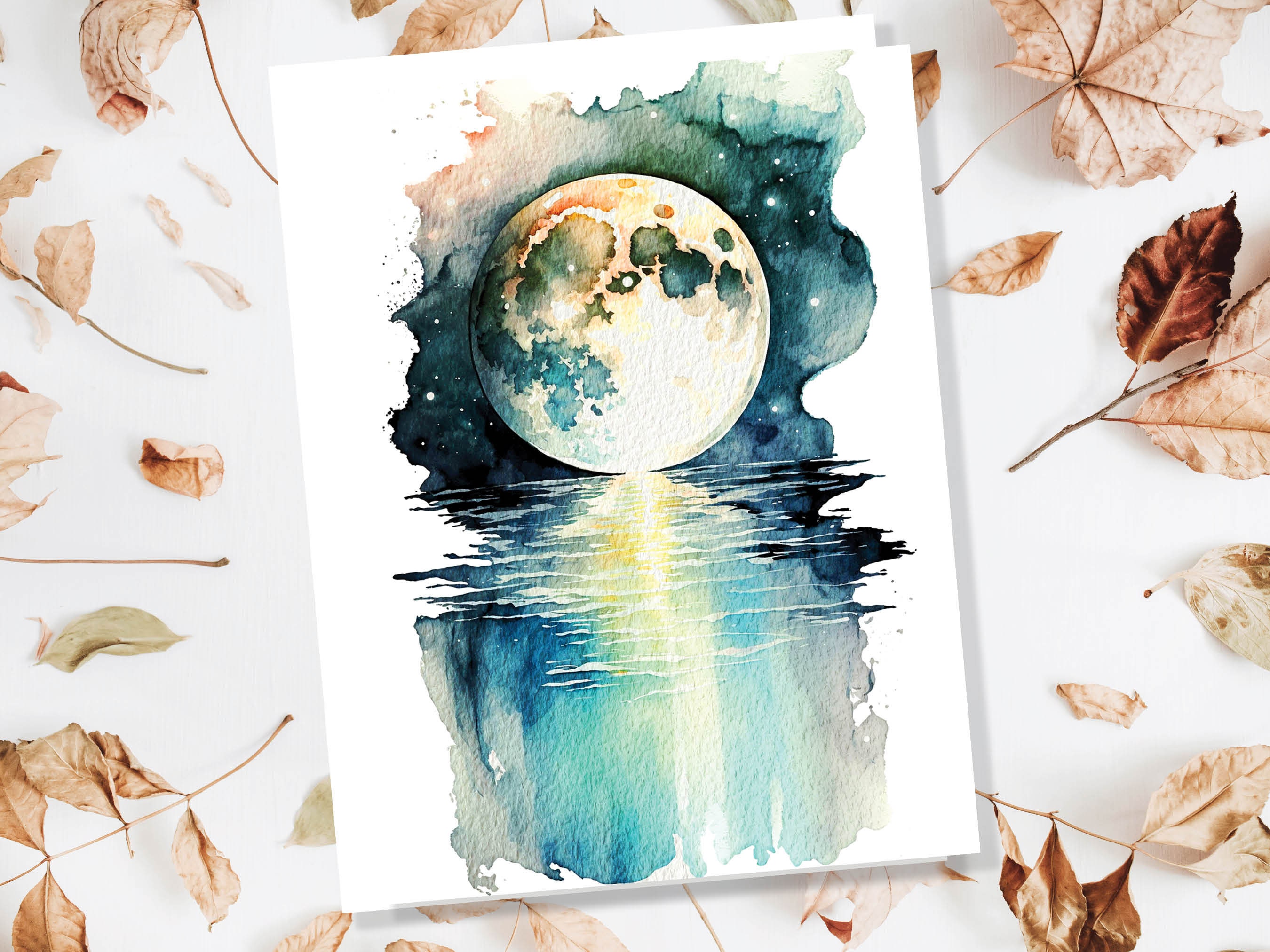 Moon Over Water Card Full Moon Rise Lunar Moonrise Stars Rising Lake Ocean River Sea Celestial Astrology Witchy Watercolour Birthday Cards - View 8