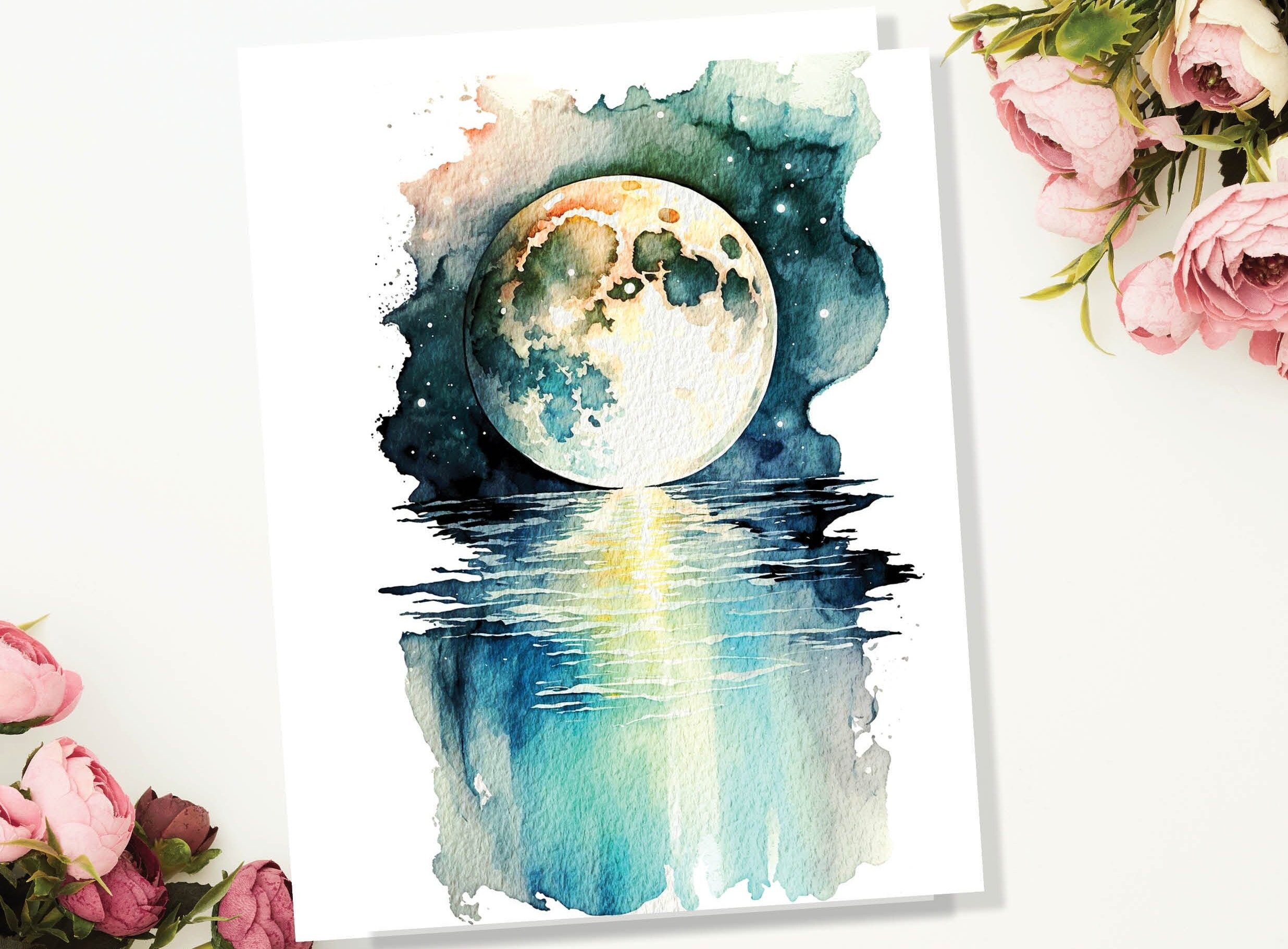 Moon Over Water Card Full Moon Rise Lunar Moonrise Stars Rising Lake Ocean River Sea Celestial Astrology Witchy Watercolour Birthday Cards - View 4