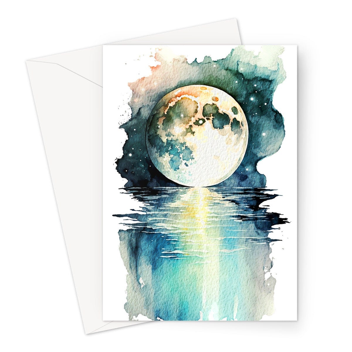 Moon Over Water Card Full Moon Rise Lunar Moonrise Stars Rising Lake Ocean River Sea Celestial Astrology Witchy Watercolour Birthday Cards - View 2