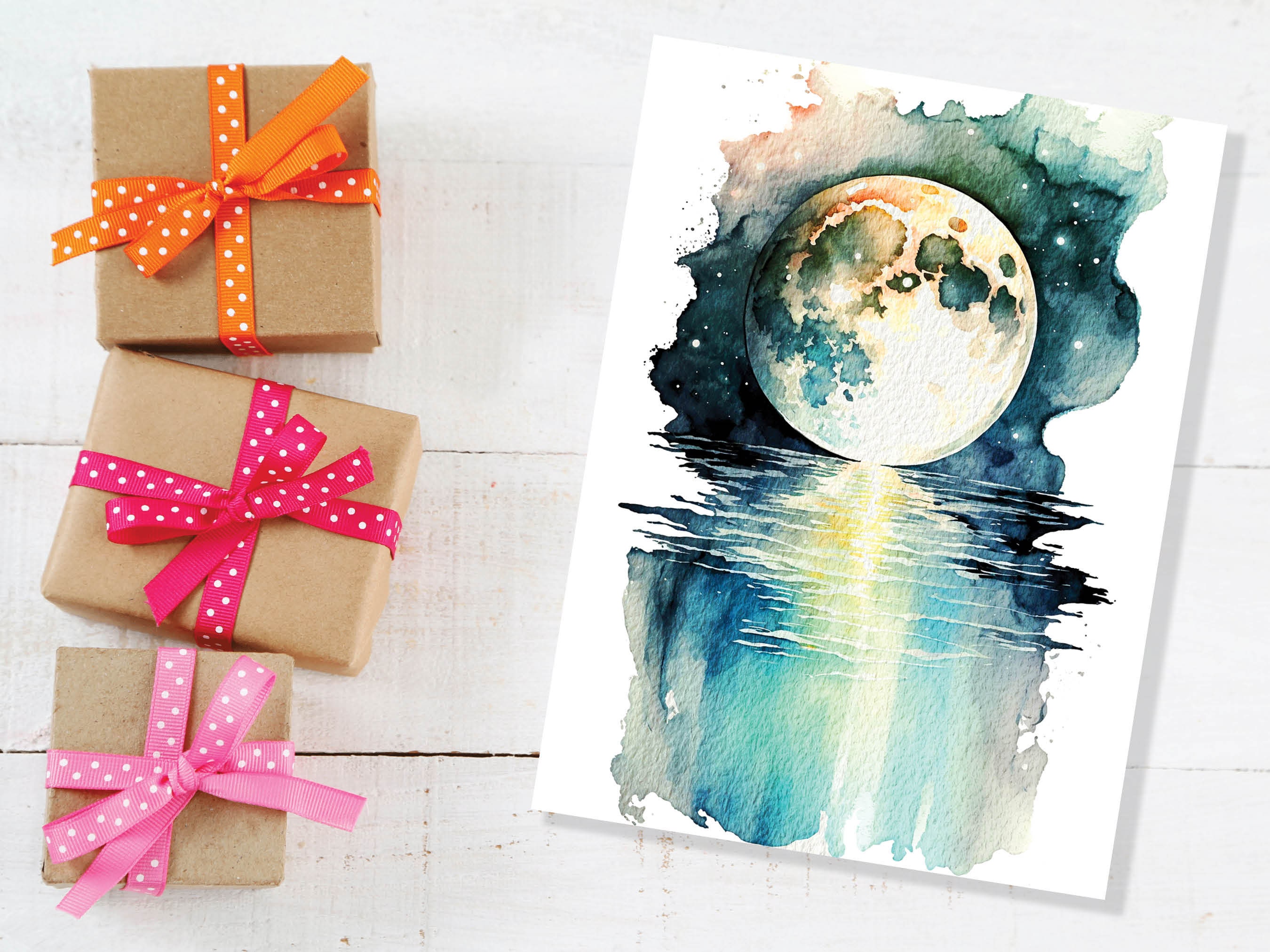 Moon Over Water Card Full Moon Rise Lunar Moonrise Stars Rising Lake Ocean River Sea Celestial Astrology Witchy Watercolour Birthday Cards - View 7