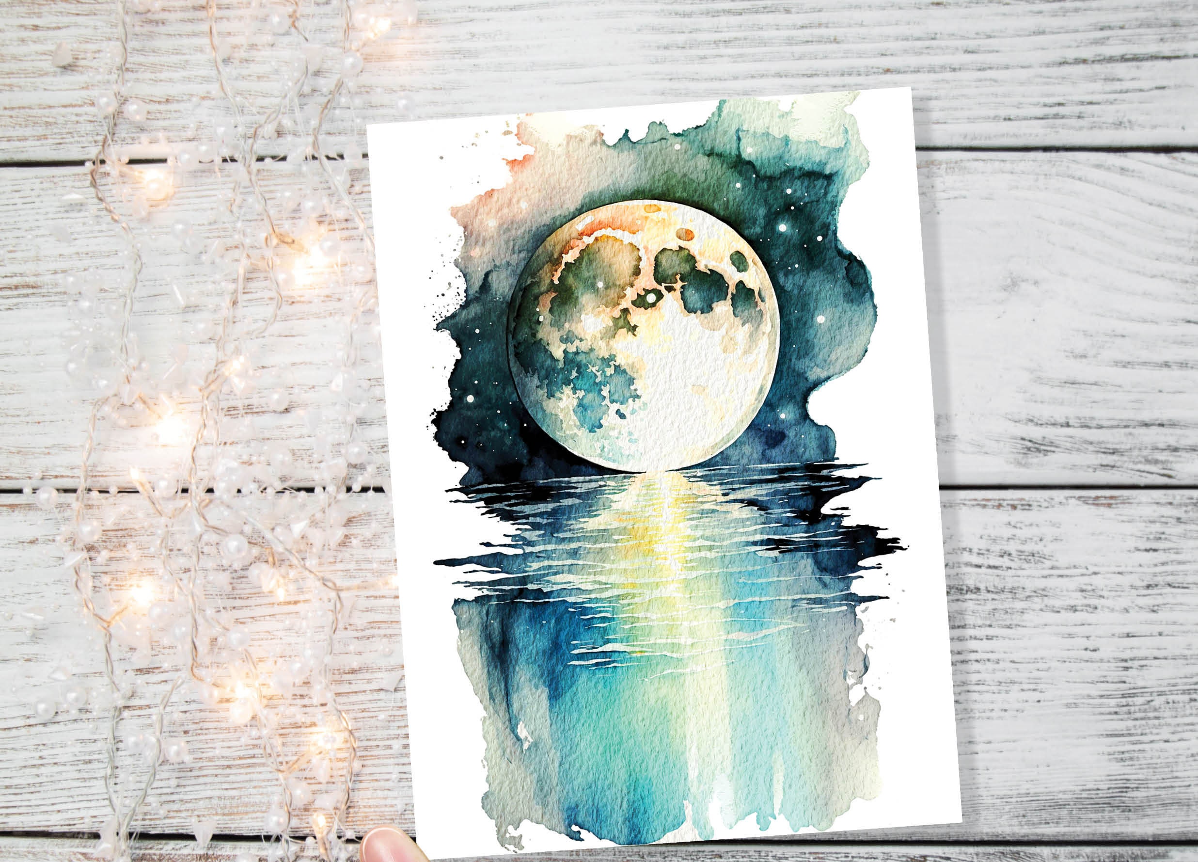 Moon Over Water Card Full Moon Rise Lunar Moonrise Stars Rising Lake Ocean River Sea Celestial Astrology Witchy Watercolour Birthday Cards - View 5