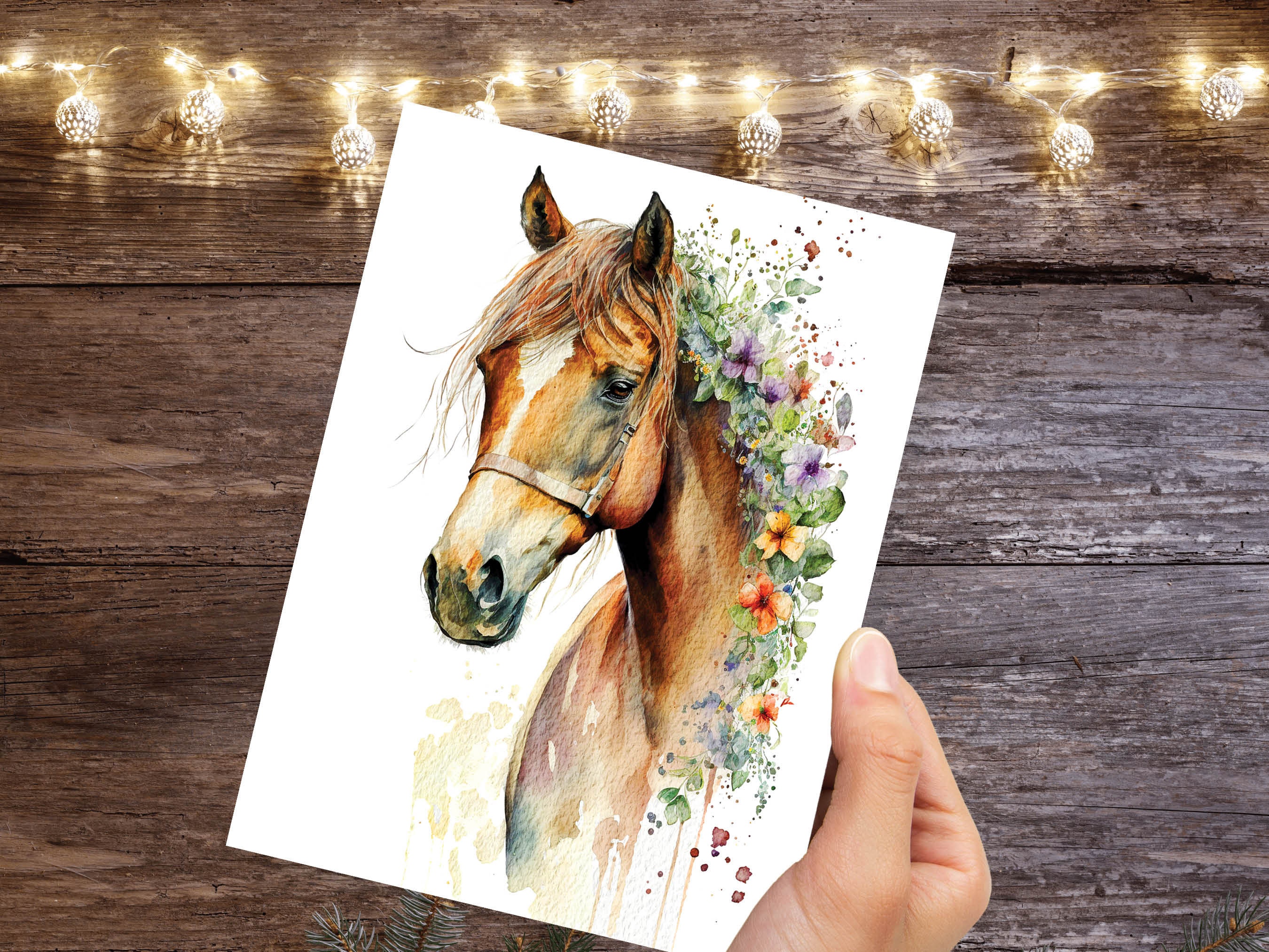 Watercolour Horse With Flowers Card Chestnut Sorrel Horsey Pony Equestrian Pet Loss Sympathy Birthday Greeting Cards for Friends & Family