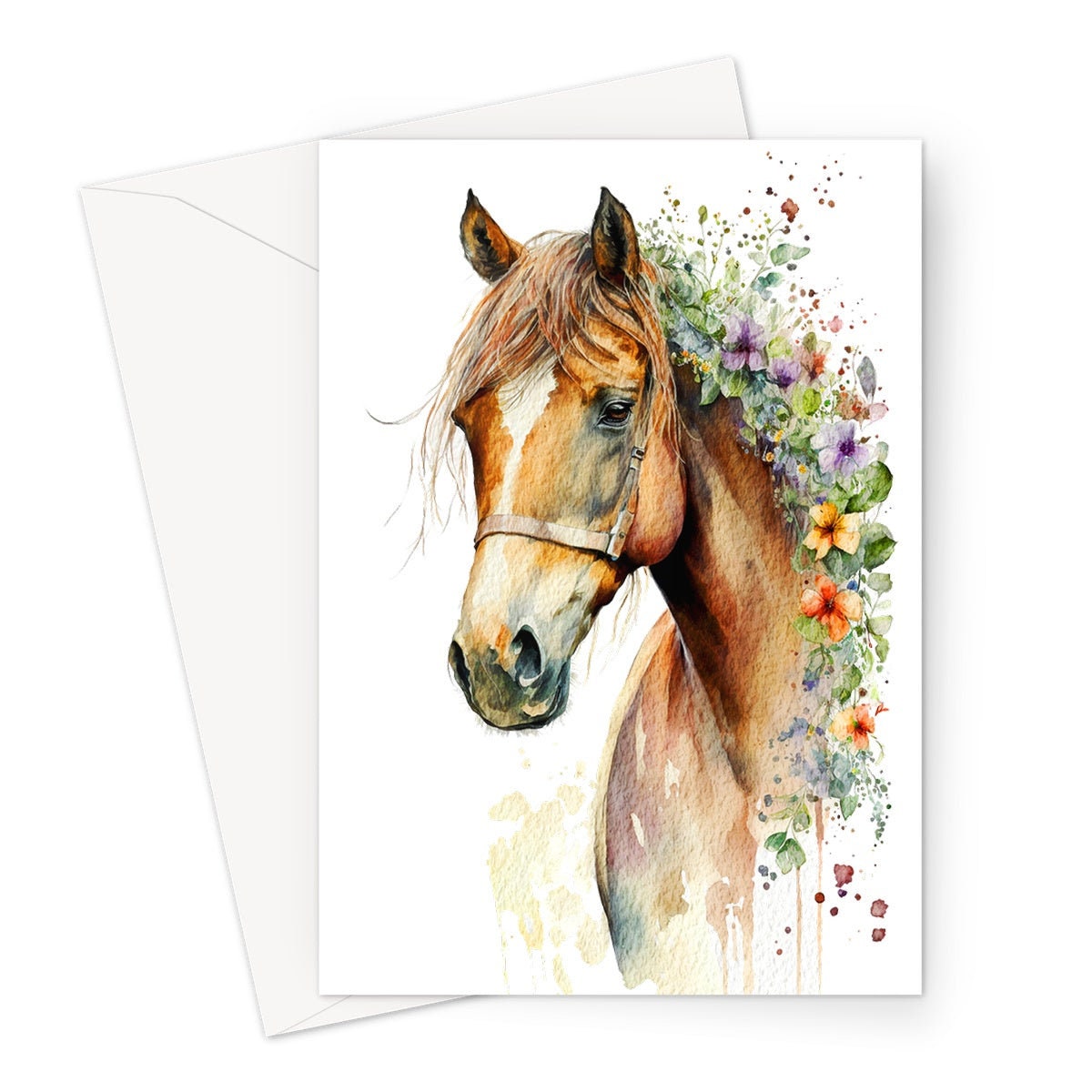 Watercolour Horse With Flowers Card Chestnut Sorrel Horsey Pony Equestrian Pet Loss Sympathy Birthday Greeting Cards for Friends & Family - View 2