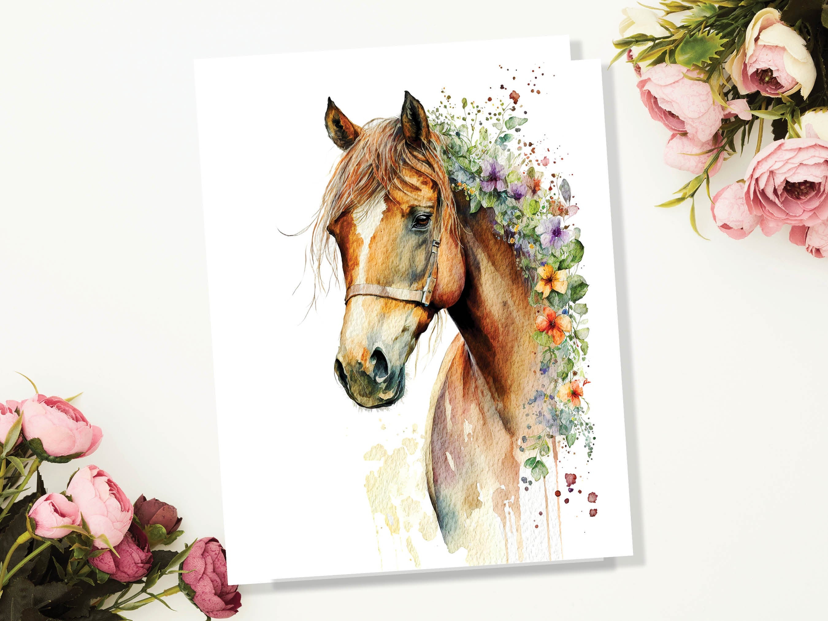 Watercolour Horse With Flowers Card Chestnut Sorrel Horsey Pony Equestrian Pet Loss Sympathy Birthday Greeting Cards for Friends & Family - View 4