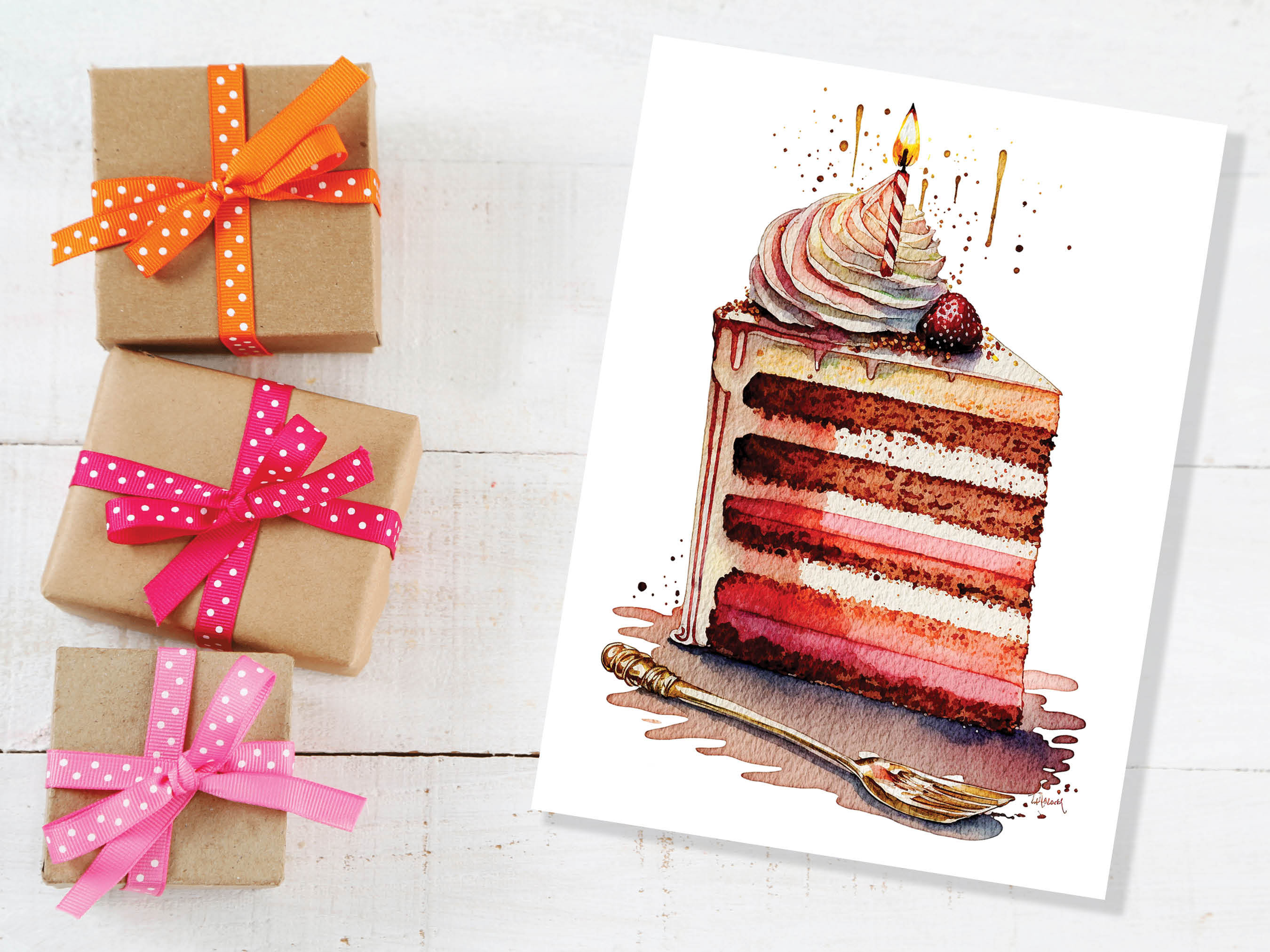 Birthday Cake Card Watercolour Painting Elegant Celebration Happy Wishes Slice of Layered Iced Sponge Candle Greeting Card for Friends BFF