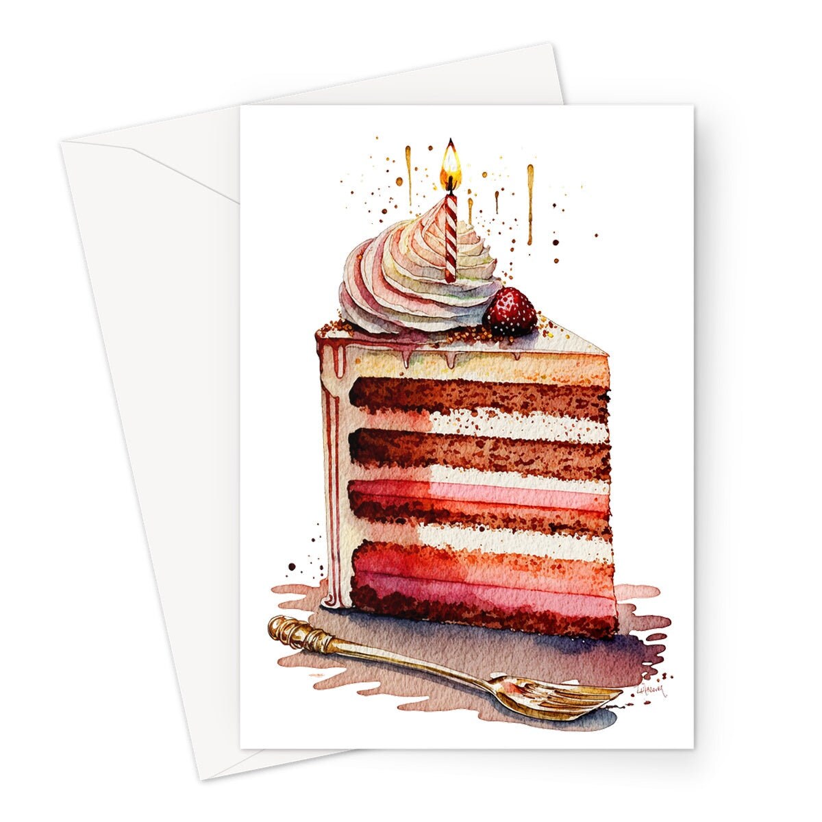 Birthday Cake Card Watercolour Painting Elegant Celebration Happy Wishes Slice of Layered Iced Sponge Candle Greeting Card for Friends BFF - View 2