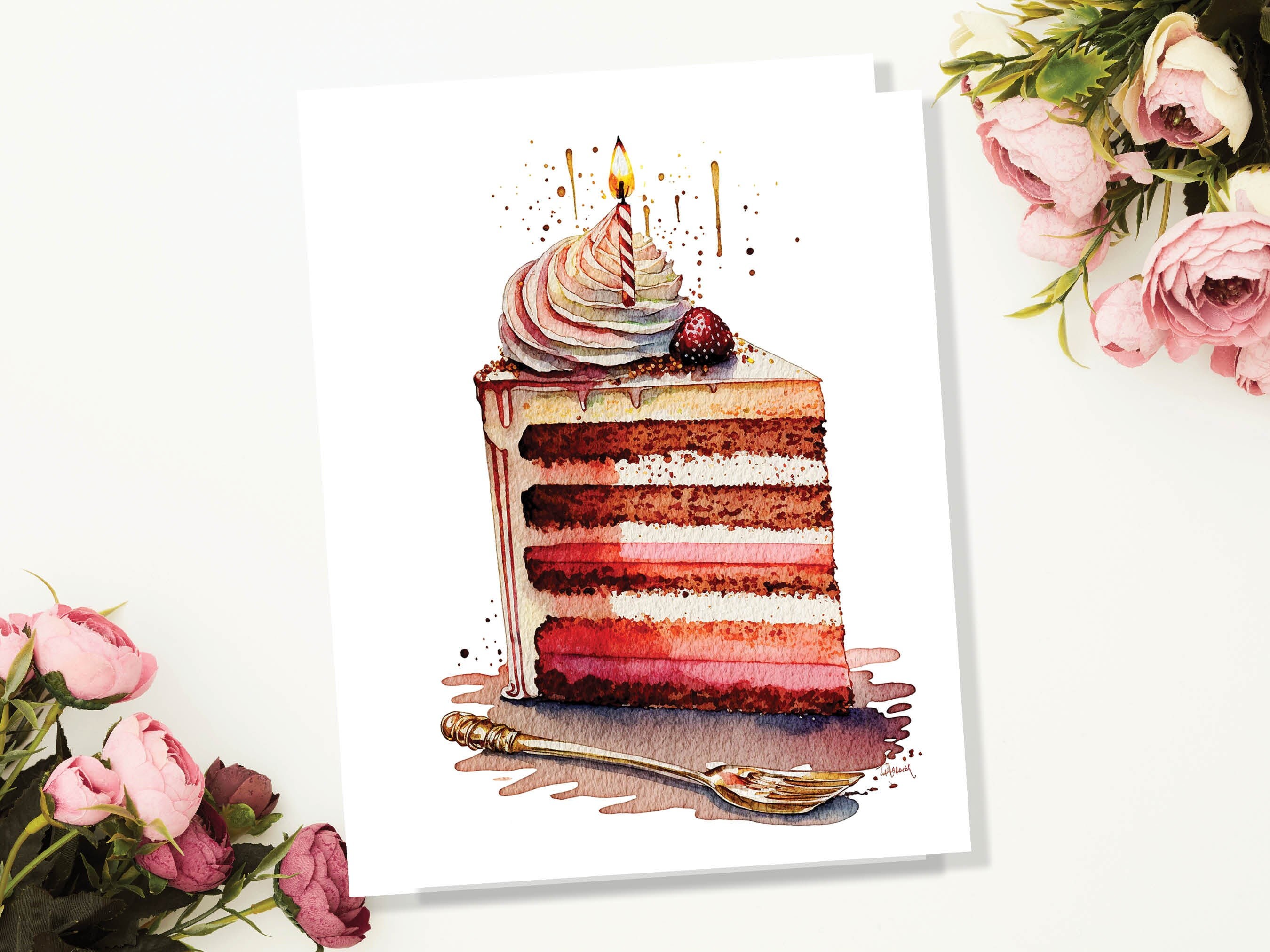 Birthday Cake Card Watercolour Painting Elegant Celebration Happy Wishes Slice of Layered Iced Sponge Candle Greeting Card for Friends BFF - View 4