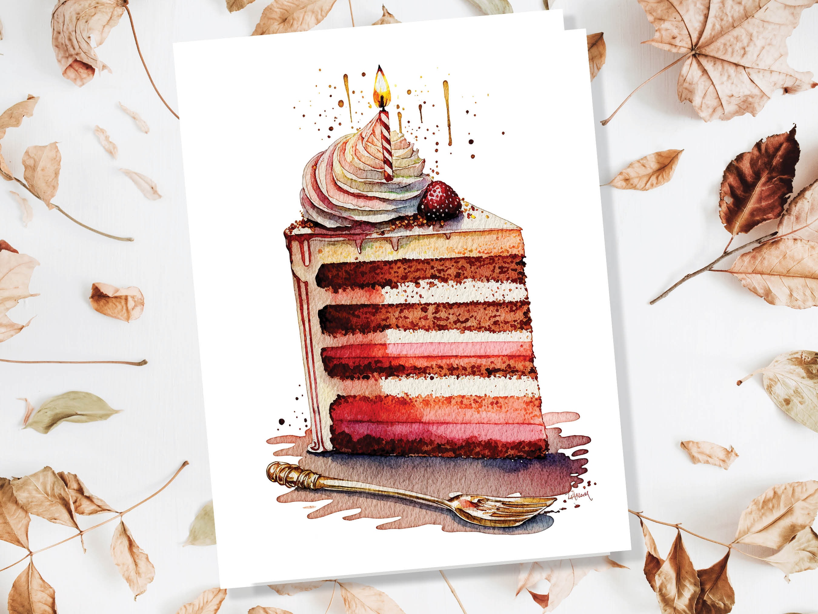 Birthday Cake Card Watercolour Painting Elegant Celebration Happy Wishes Slice of Layered Iced Sponge Candle Greeting Card for Friends BFF - View 5