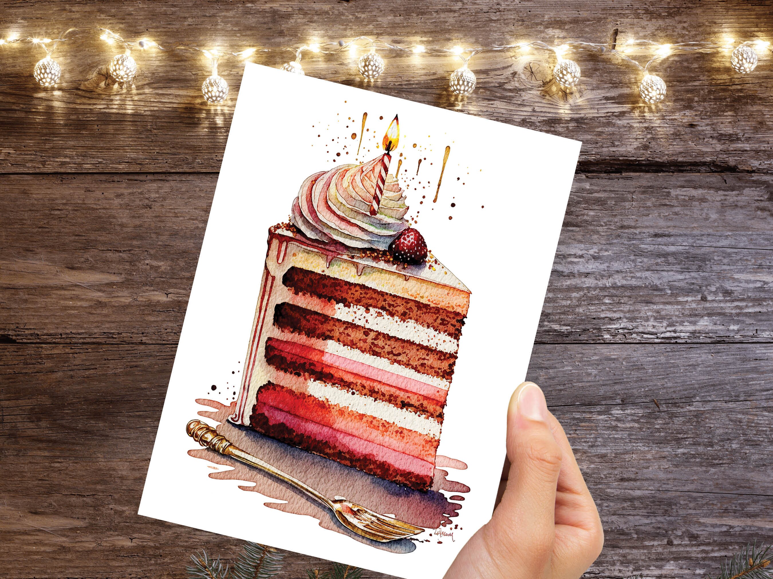 Birthday Cake Card Watercolour Painting Elegant Celebration Happy Wishes Slice of Layered Iced Sponge Candle Greeting Card for Friends BFF - View 6