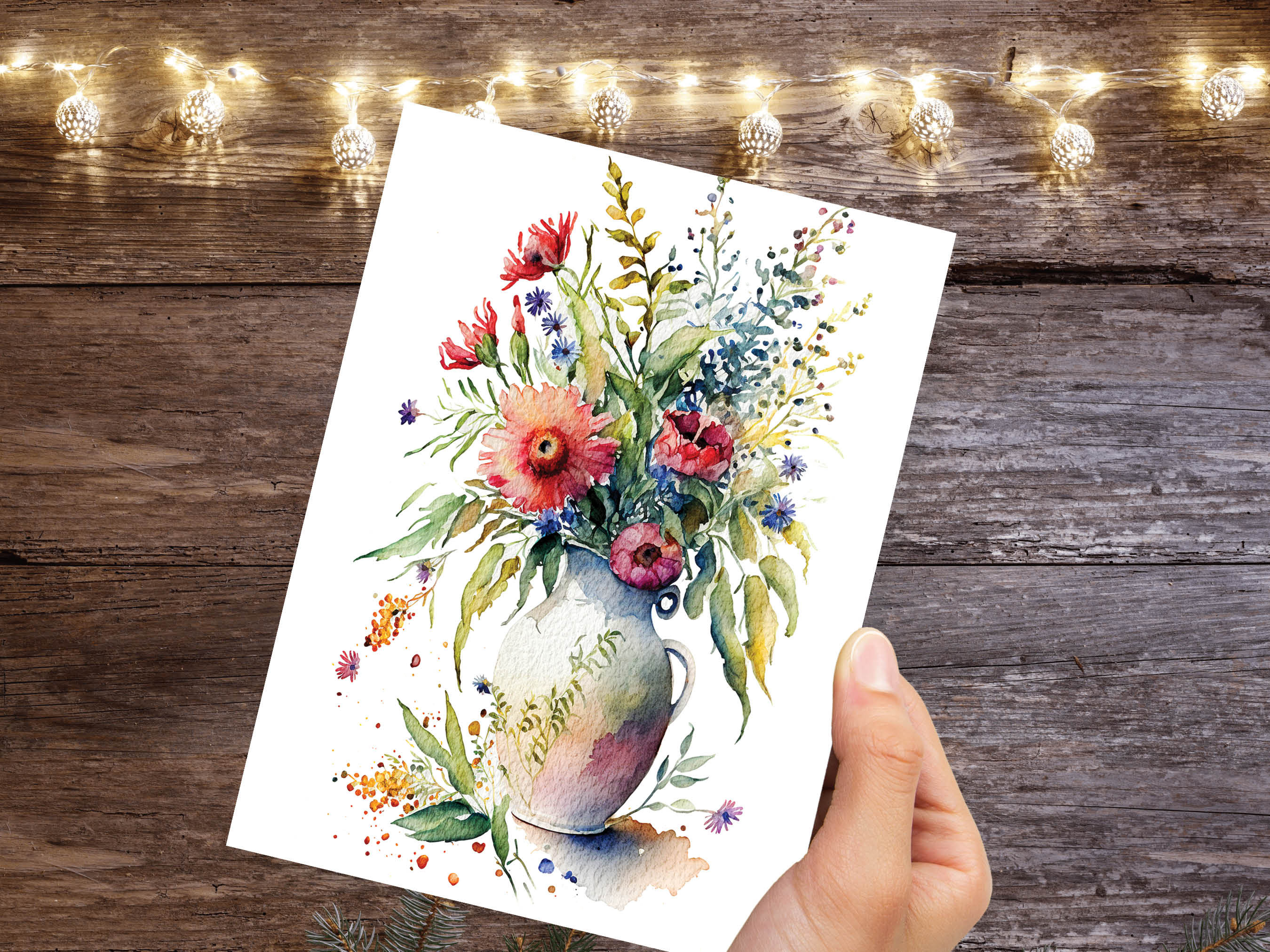 Whimsical Flowers in Vase Greeting Card Watercolour Painting Botanical Flower Note Cards Thank You Any Occasion Florist Romantic Wife Floral