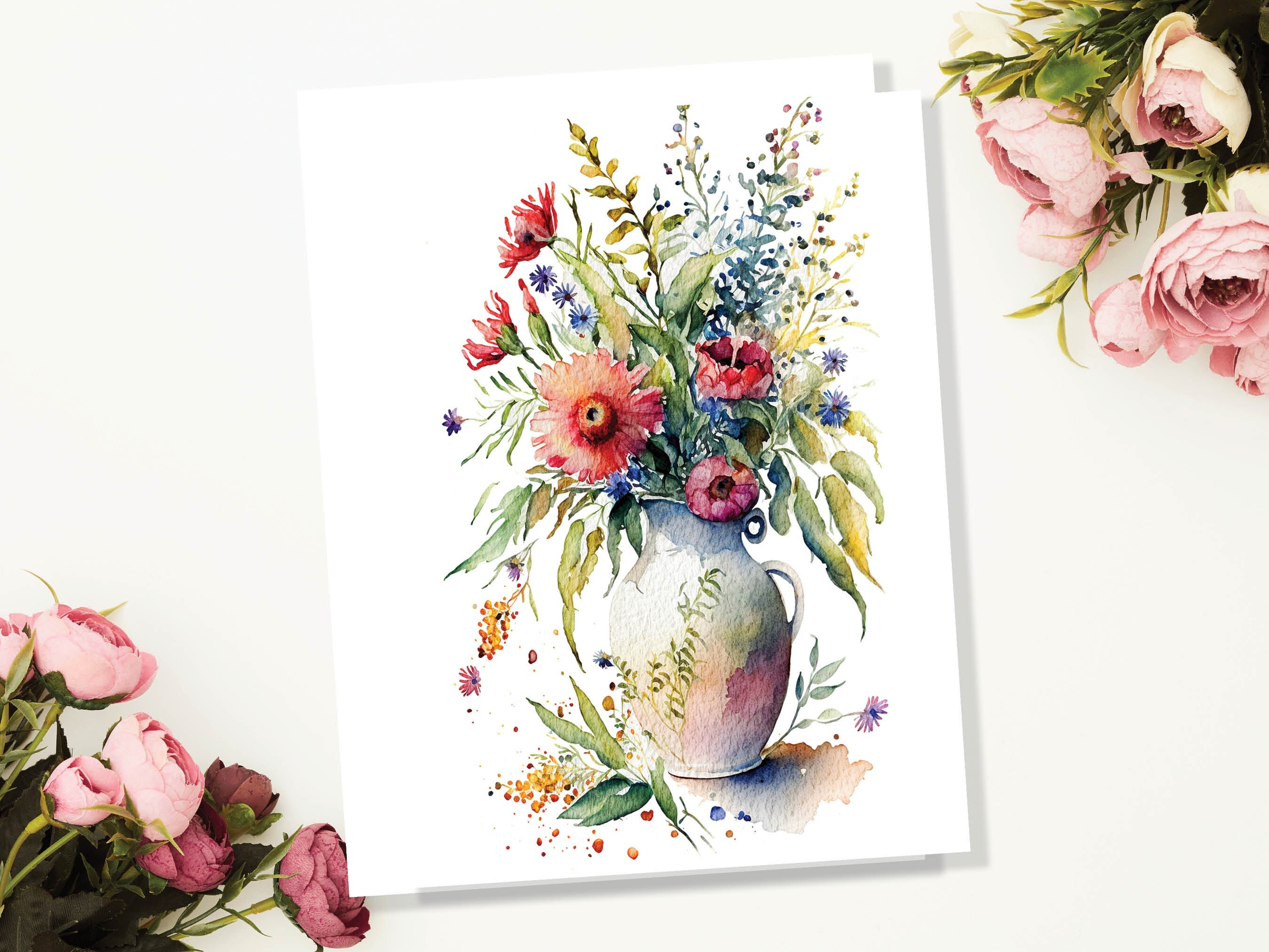 Whimsical Flowers in Vase Greeting Card Watercolour Painting Botanical Flower Note Cards Thank You Any Occasion Florist Romantic Wife Floral - View 4