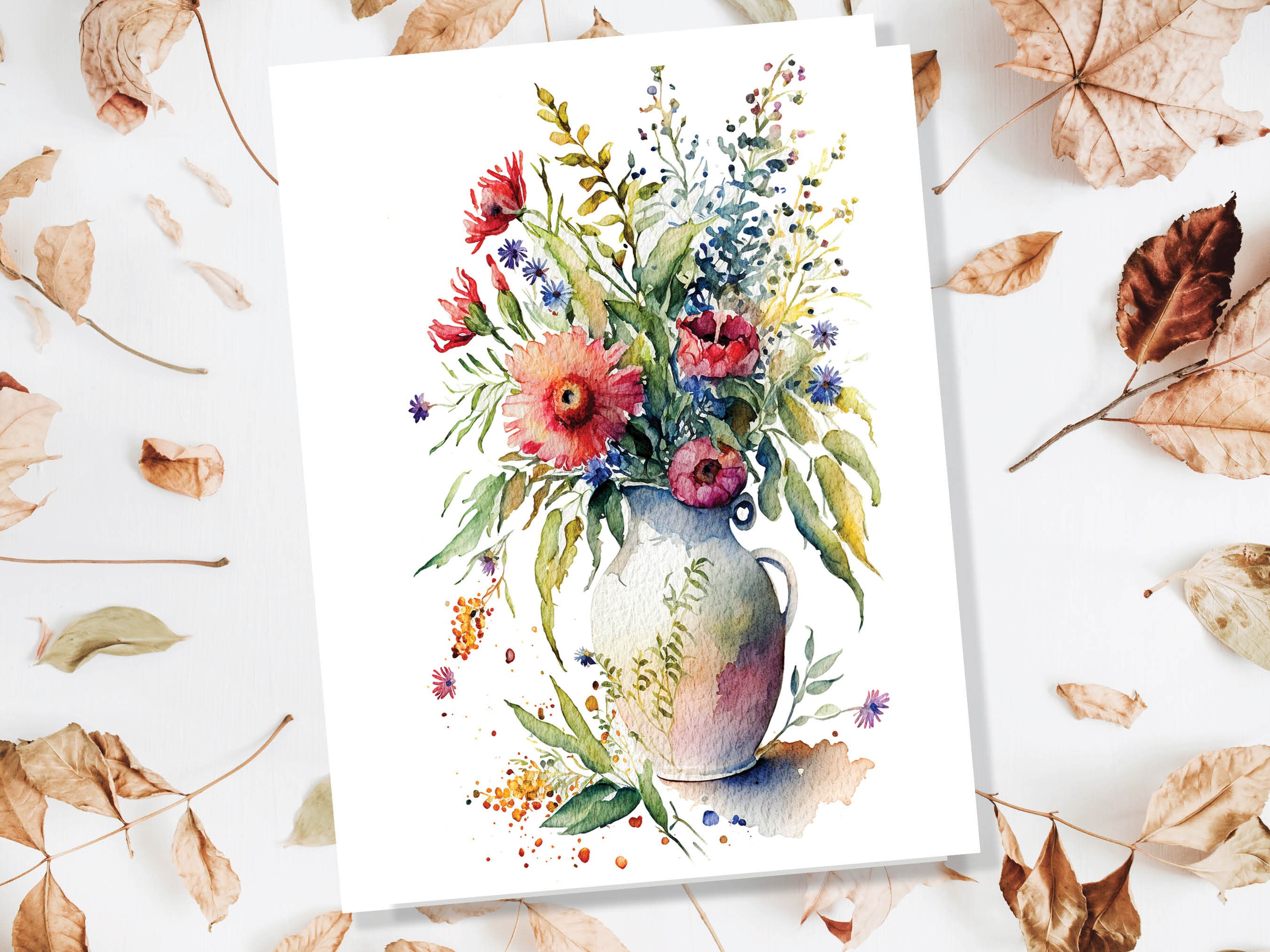 Whimsical Flowers in Vase Greeting Card Watercolour Painting Botanical Flower Note Cards Thank You Any Occasion Florist Romantic Wife Floral - View 6