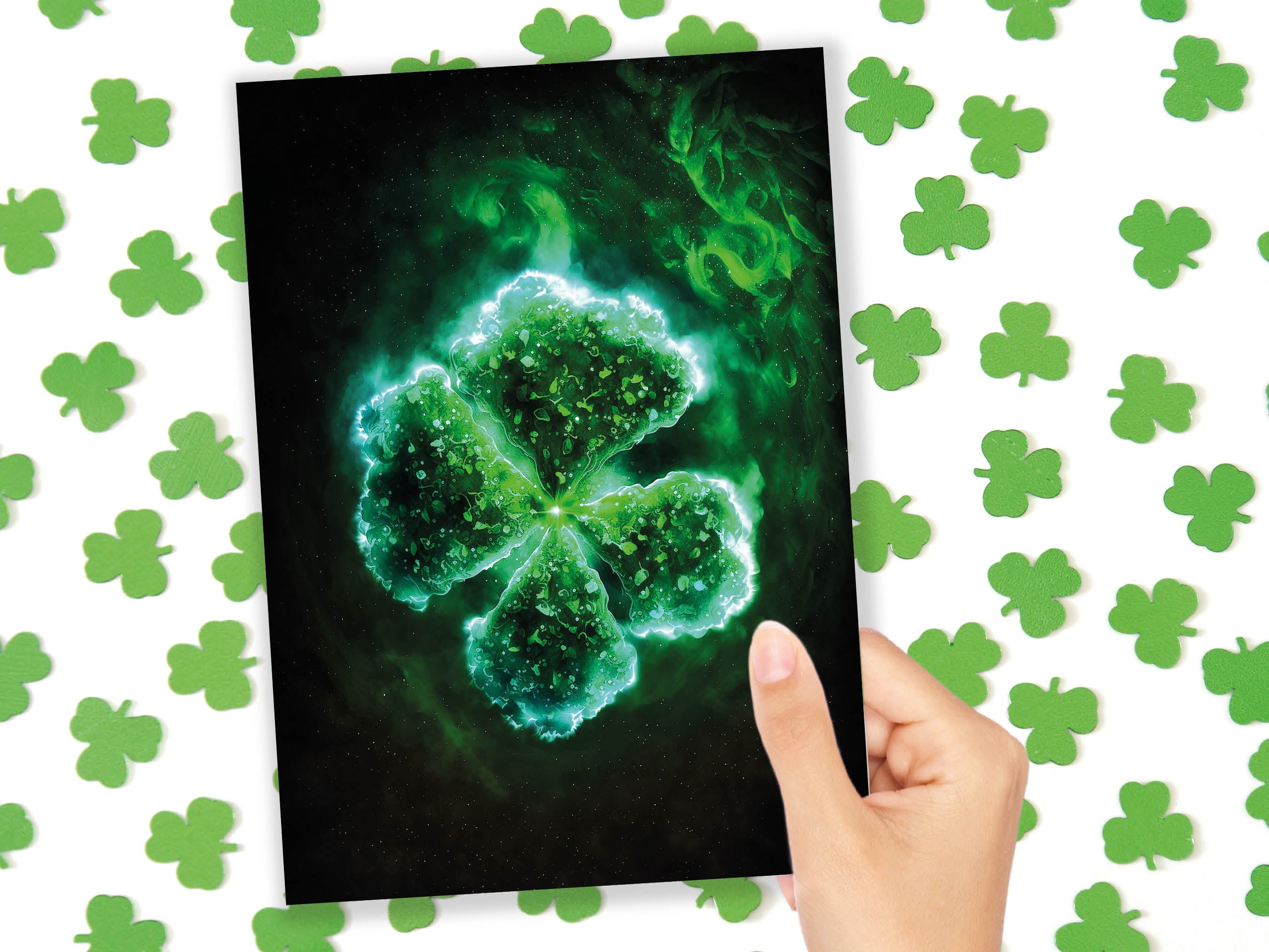 Glowing Green Four Leafed Clover Shamrock Mystical St. Patrick's Day Irish Ireland Celtic Themed Good Luck Greeting Cards Family & Friends - View 10