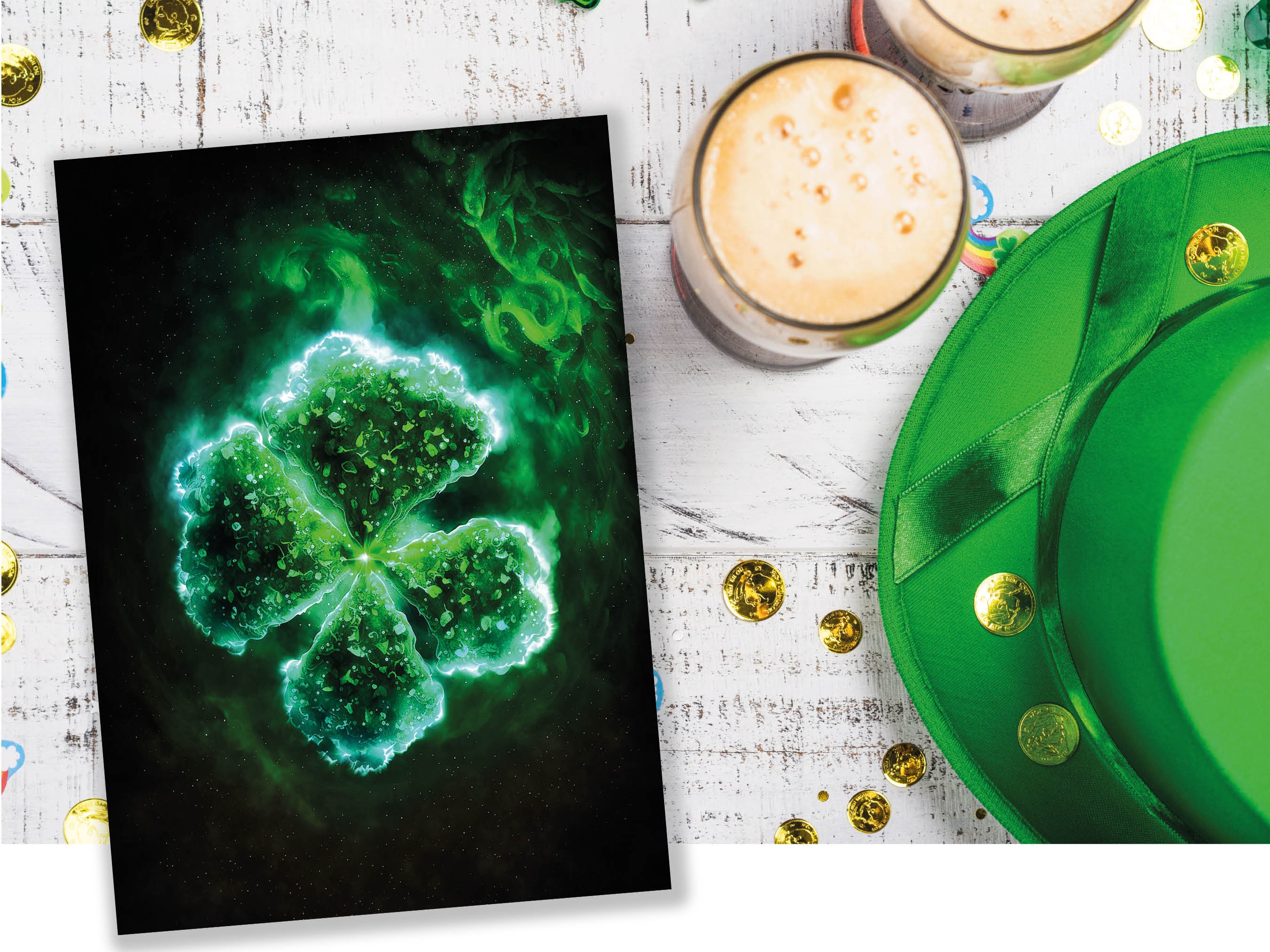 Glowing Green Four Leafed Clover Shamrock Mystical St. Patrick's Day Irish Ireland Celtic Themed Good Luck Greeting Cards Family & Friends