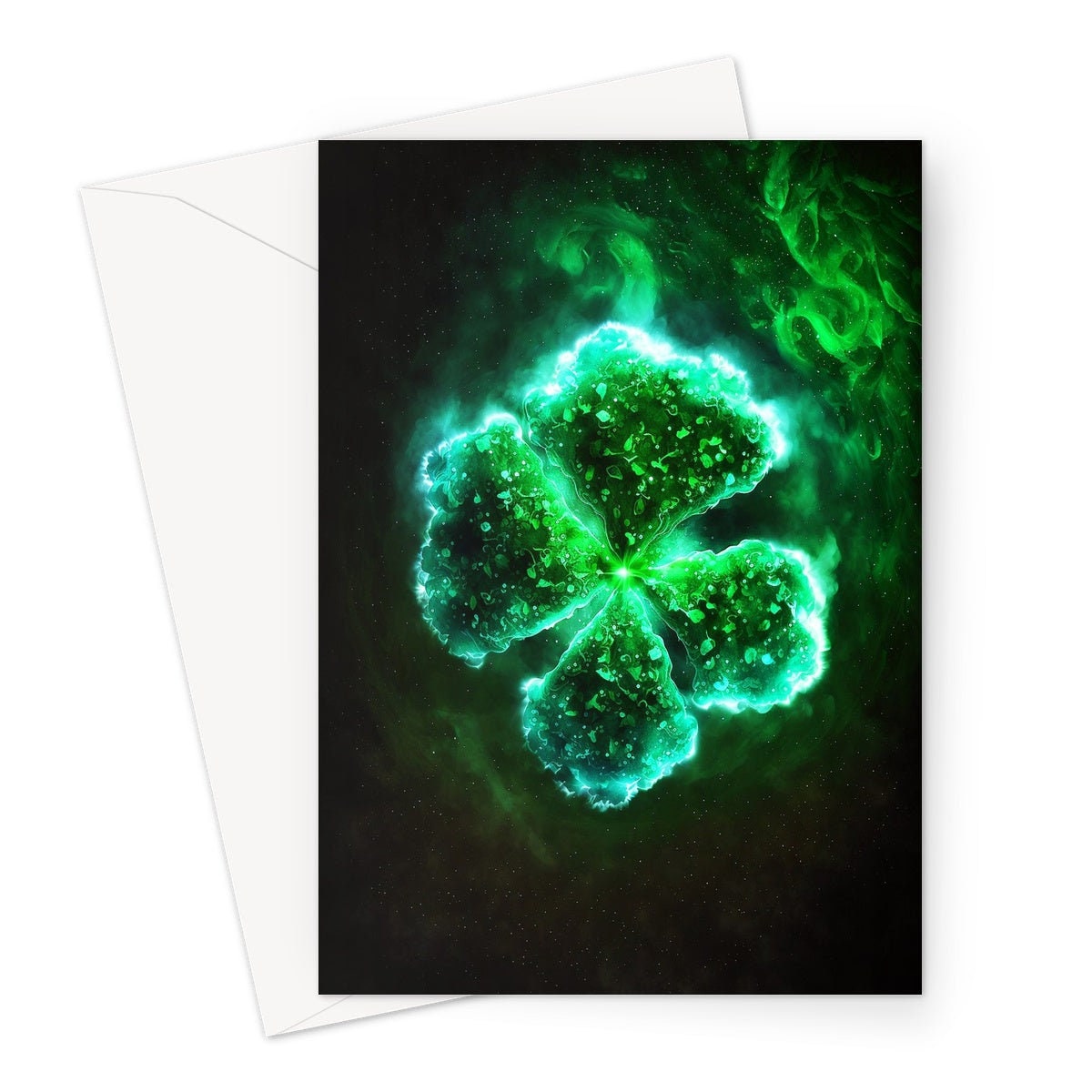 Glowing Green Four Leafed Clover Shamrock Mystical St. Patrick's Day Irish Ireland Celtic Themed Good Luck Greeting Cards Family & Friends - View 2