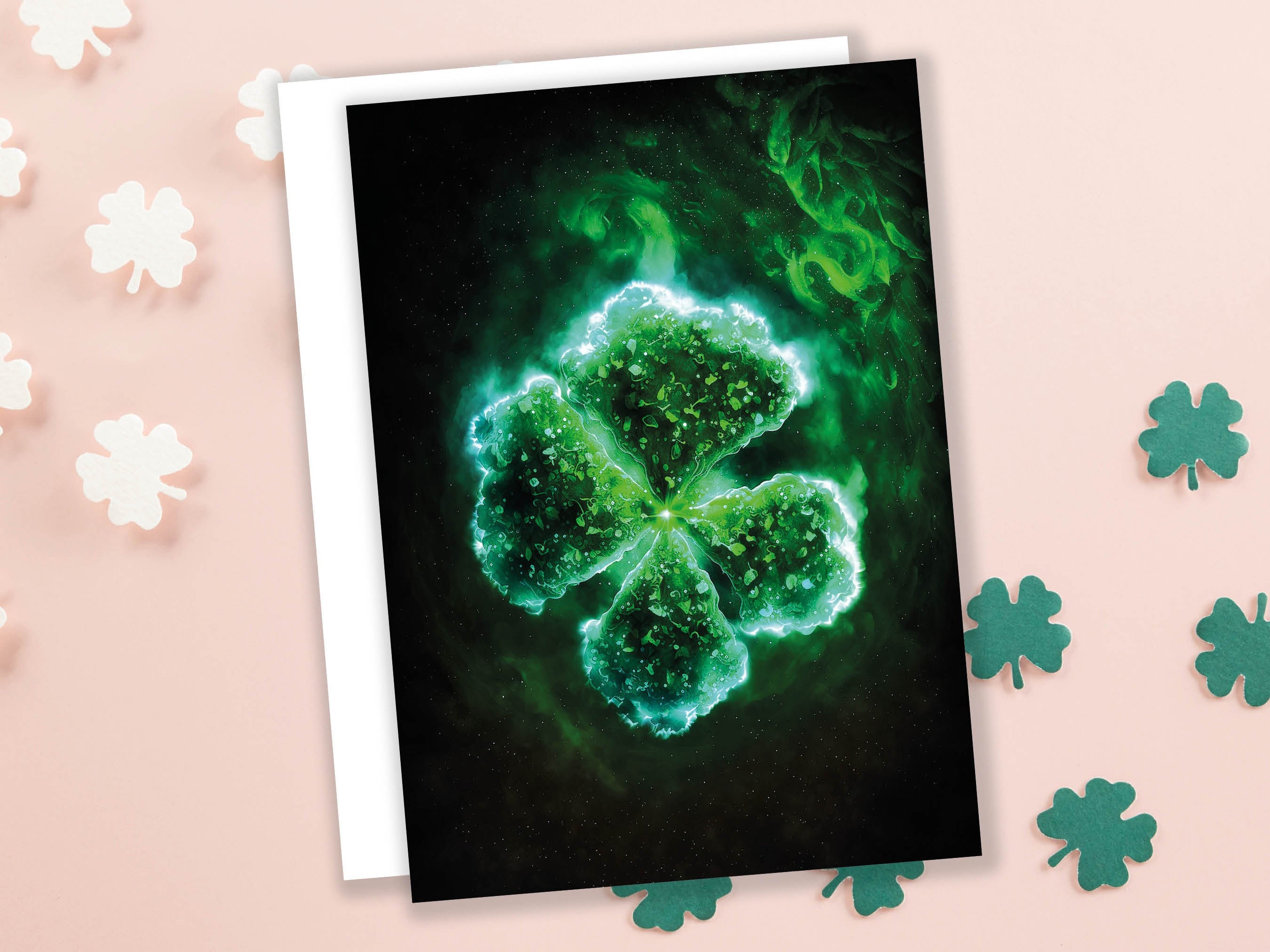 Glowing Green Four Leafed Clover Shamrock Mystical St. Patrick's Day Irish Ireland Celtic Themed Good Luck Greeting Cards Family & Friends - View 4