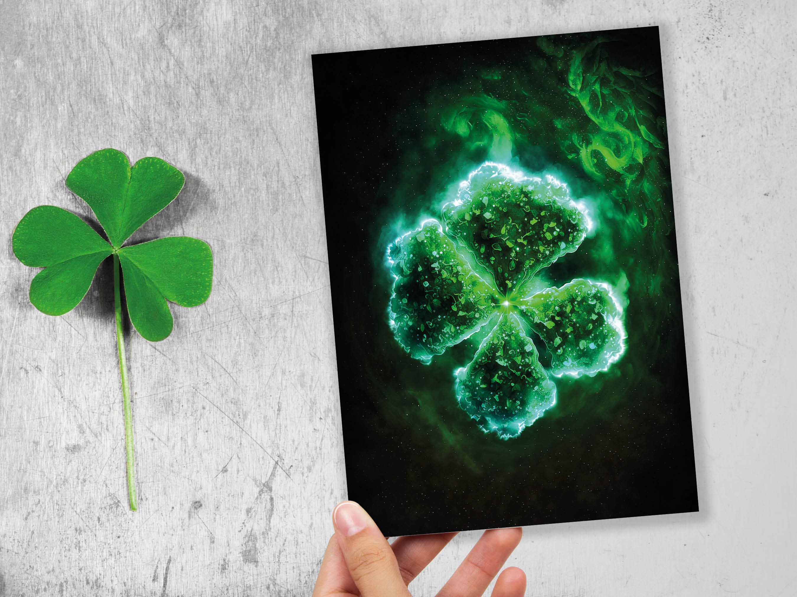 Glowing Green Four Leafed Clover Shamrock Mystical St. Patrick's Day Irish Ireland Celtic Themed Good Luck Greeting Cards Family & Friends - View 5