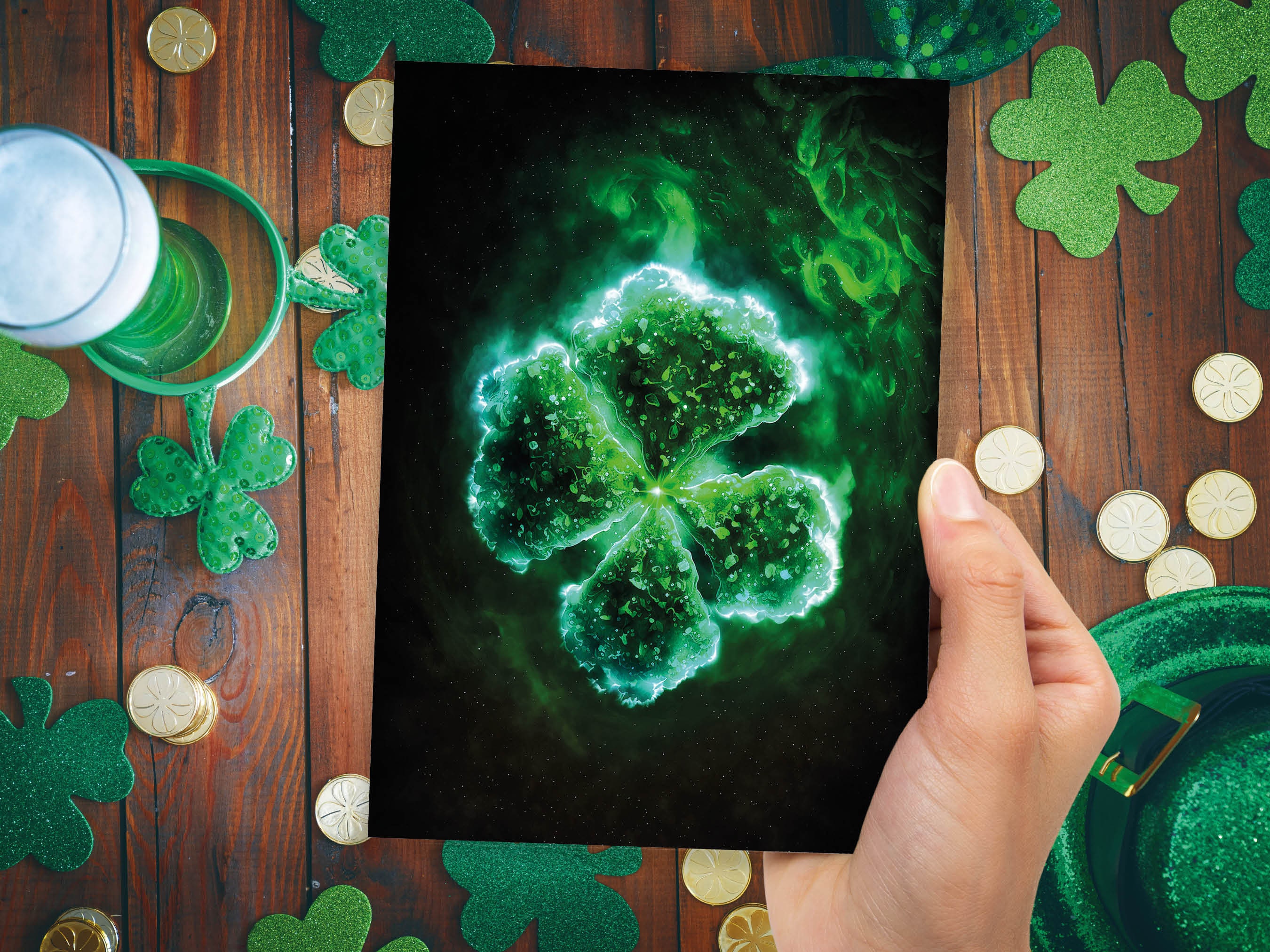 Glowing Green Four Leafed Clover Shamrock Mystical St. Patrick's Day Irish Ireland Celtic Themed Good Luck Greeting Cards Family & Friends - View 6