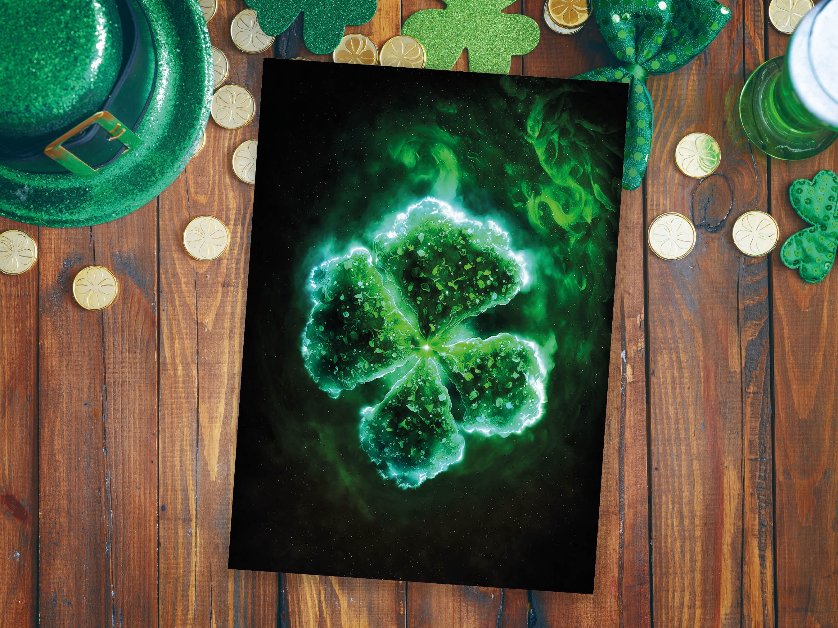 Glowing Green Four Leafed Clover Shamrock Mystical St. Patrick's Day Irish Ireland Celtic Themed Good Luck Greeting Cards Family & Friends - View 7