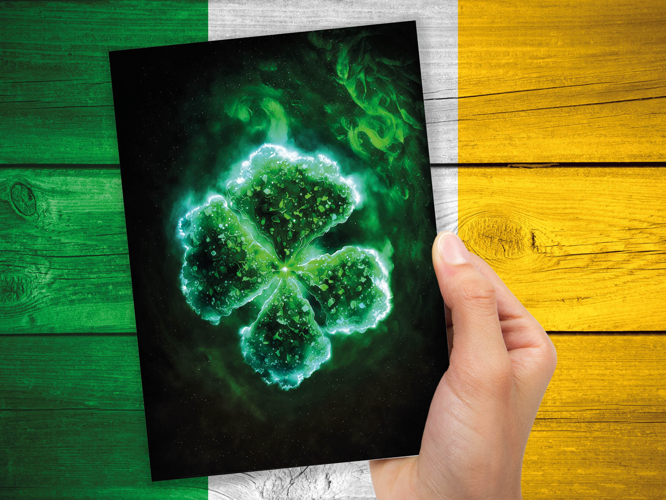 Glowing Green Four Leafed Clover Shamrock Mystical St. Patrick's Day Irish Ireland Celtic Themed Good Luck Greeting Cards Family & Friends - View 9