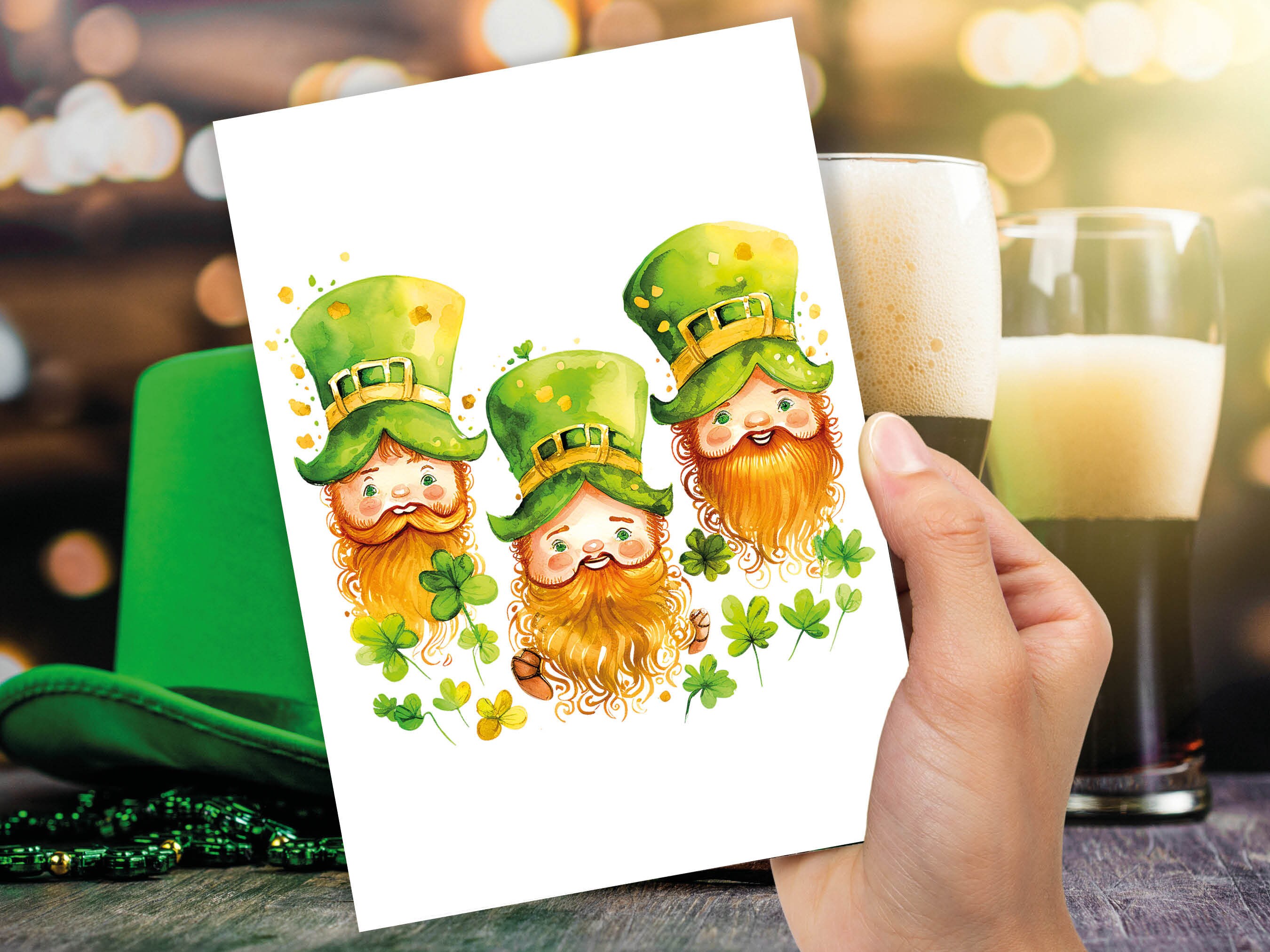 Cute Irish Leprechauns with Ginger Beards St Patricks Day Lucky Irish Gnomes Watercolour Ireland Themed Greeting Cards for Family & Friends