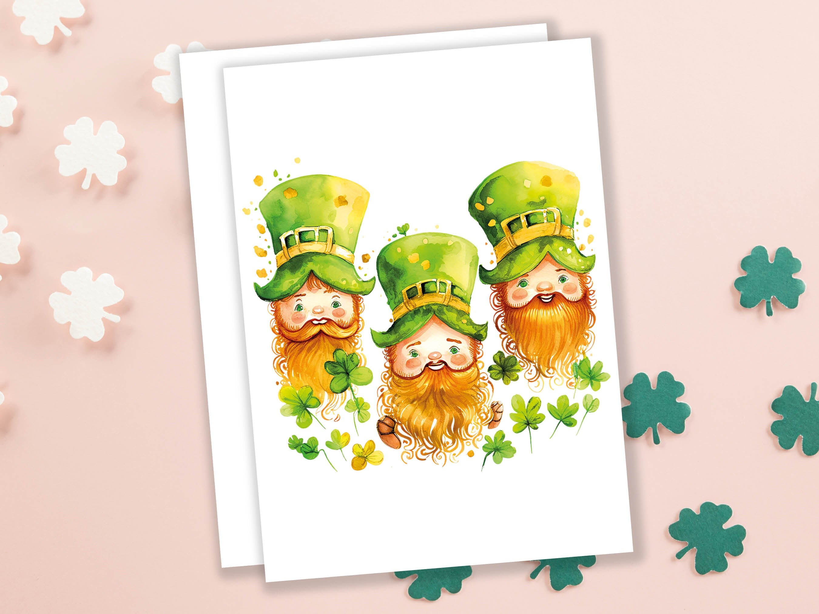 Cute Irish Leprechauns with Ginger Beards St Patricks Day Lucky Irish Gnomes Watercolour Ireland Themed Greeting Cards for Family & Friends - View 4