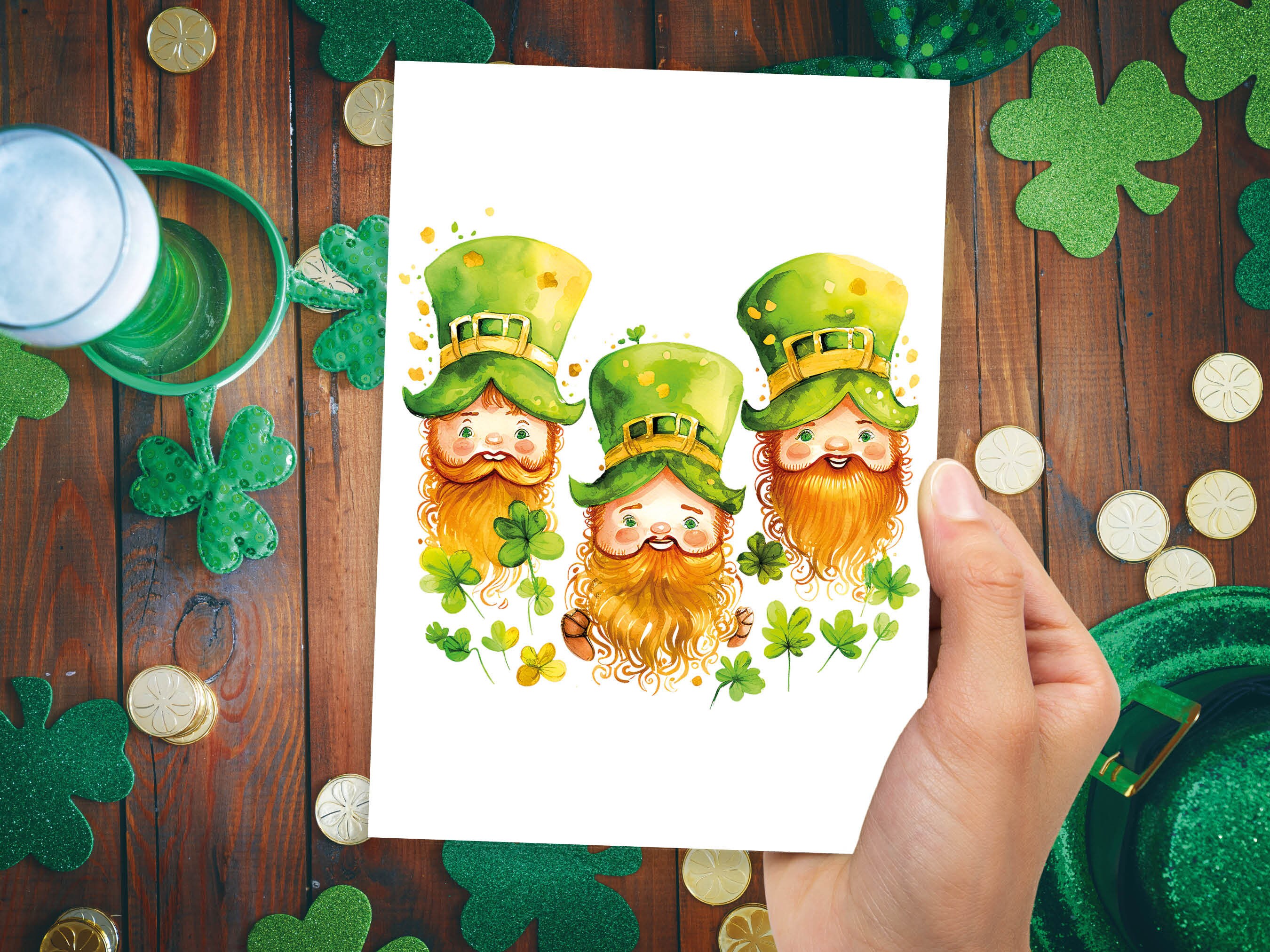 Cute Irish Leprechauns with Ginger Beards St Patricks Day Lucky Irish Gnomes Watercolour Ireland Themed Greeting Cards for Family & Friends - View 6