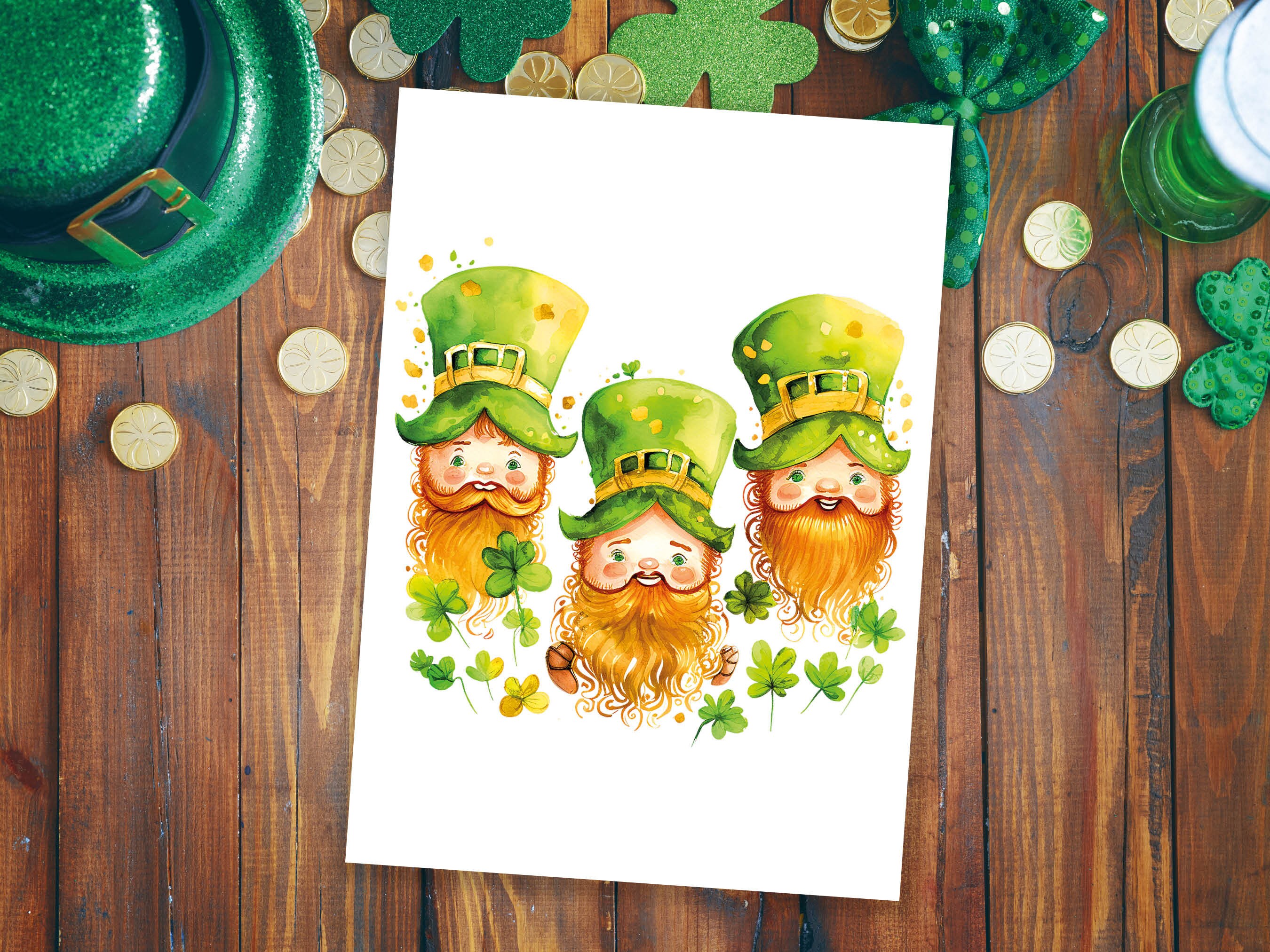 Cute Irish Leprechauns with Ginger Beards St Patricks Day Lucky Irish Gnomes Watercolour Ireland Themed Greeting Cards for Family & Friends - View 7