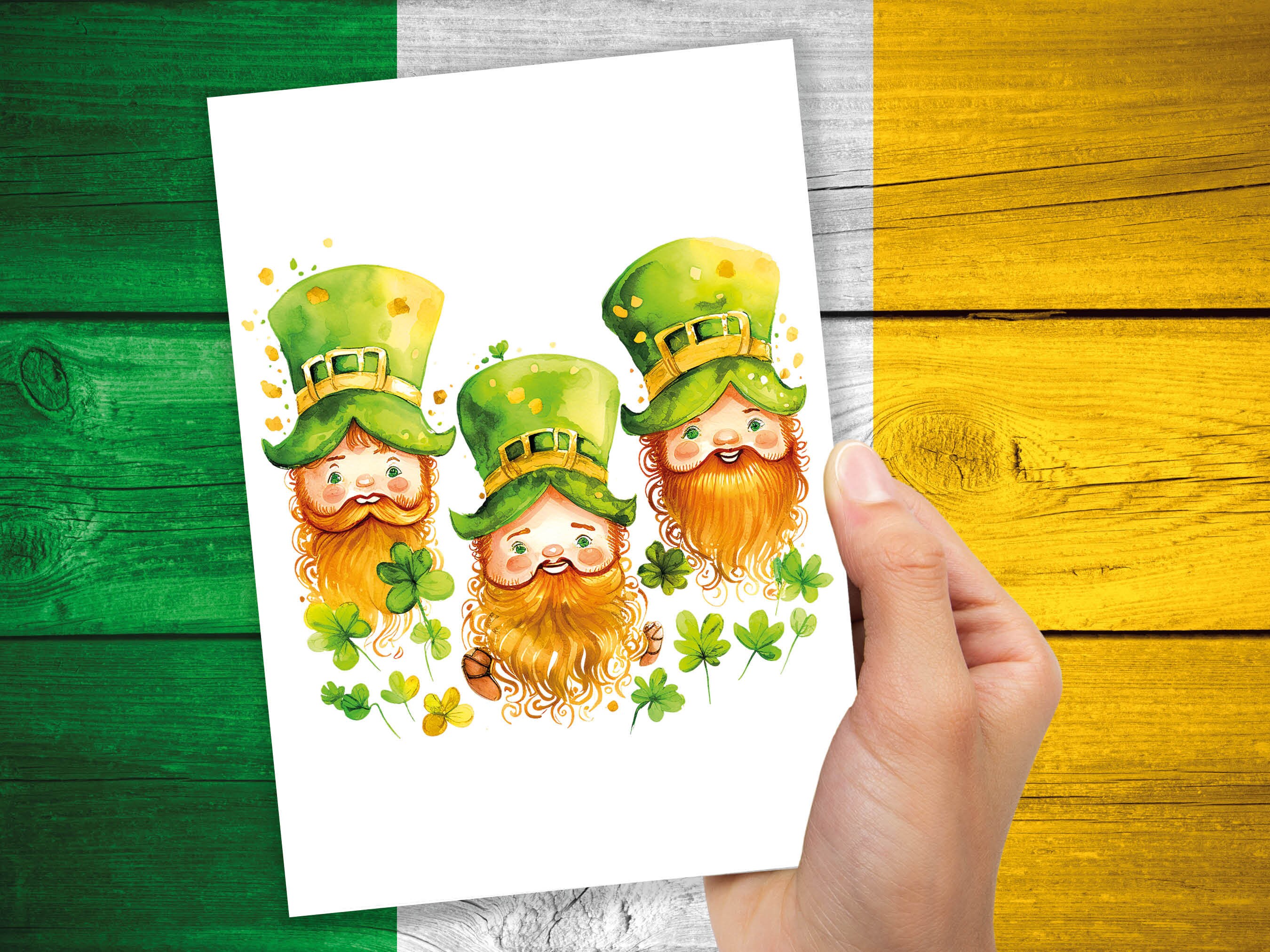 Cute Irish Leprechauns with Ginger Beards St Patricks Day Lucky Irish Gnomes Watercolour Ireland Themed Greeting Cards for Family & Friends - View 9