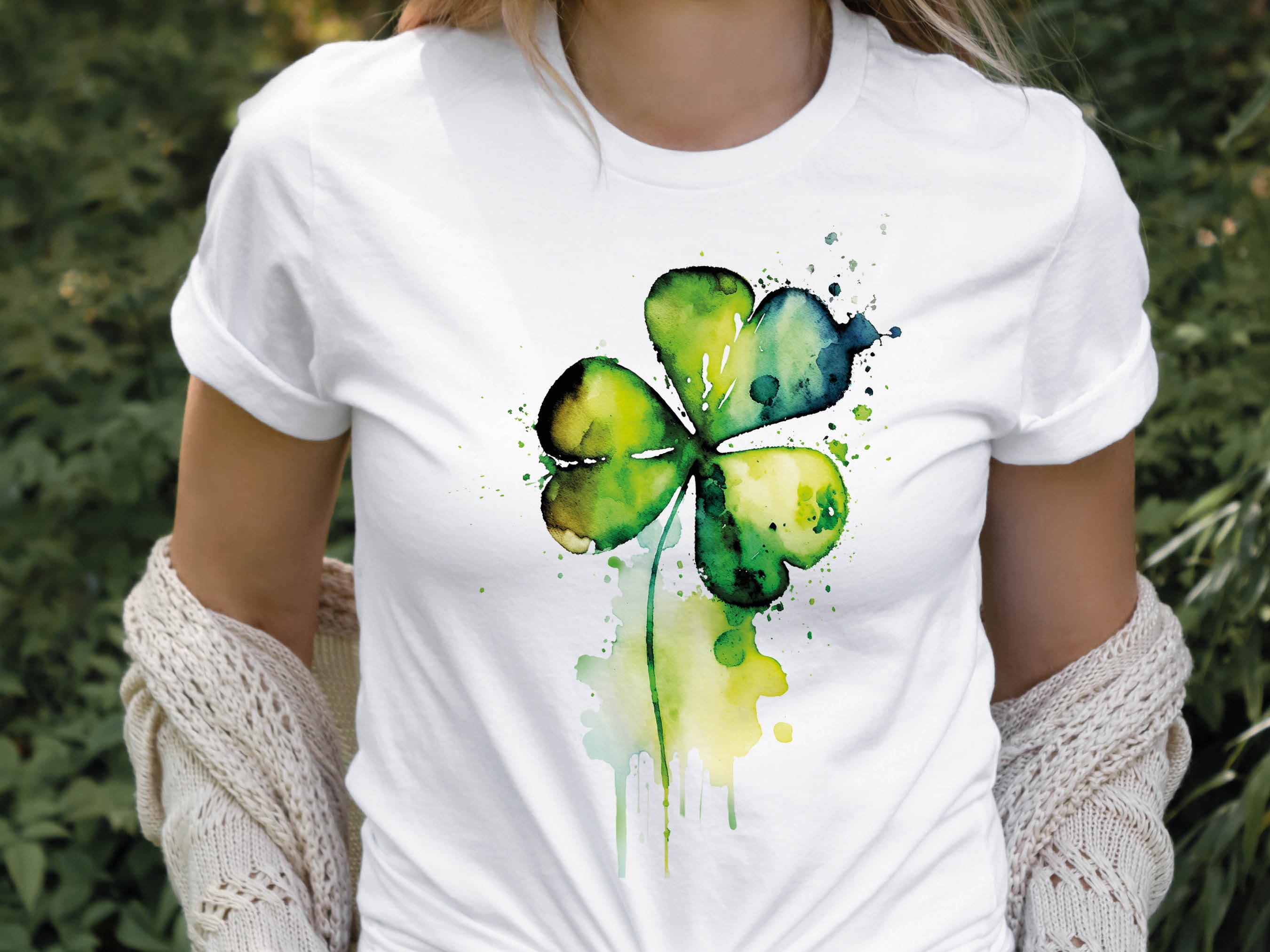 Shamrock Shirt St Patricks Day T-Shirt Vibrant Green Watercolour Painting Lucky Irish Clover Ireland Gift Minimal Elegant Messy Art Tee Leaf - View 5