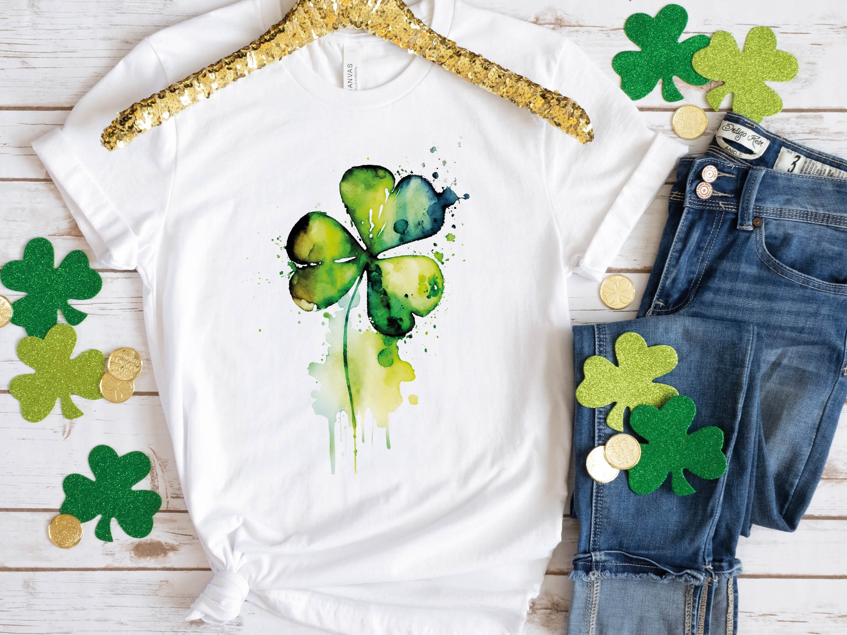 Shamrock Shirt St Patricks Day T-Shirt Vibrant Green Watercolour Painting Lucky Irish Clover Ireland Gift Minimal Elegant Messy Art Tee Leaf - View 2