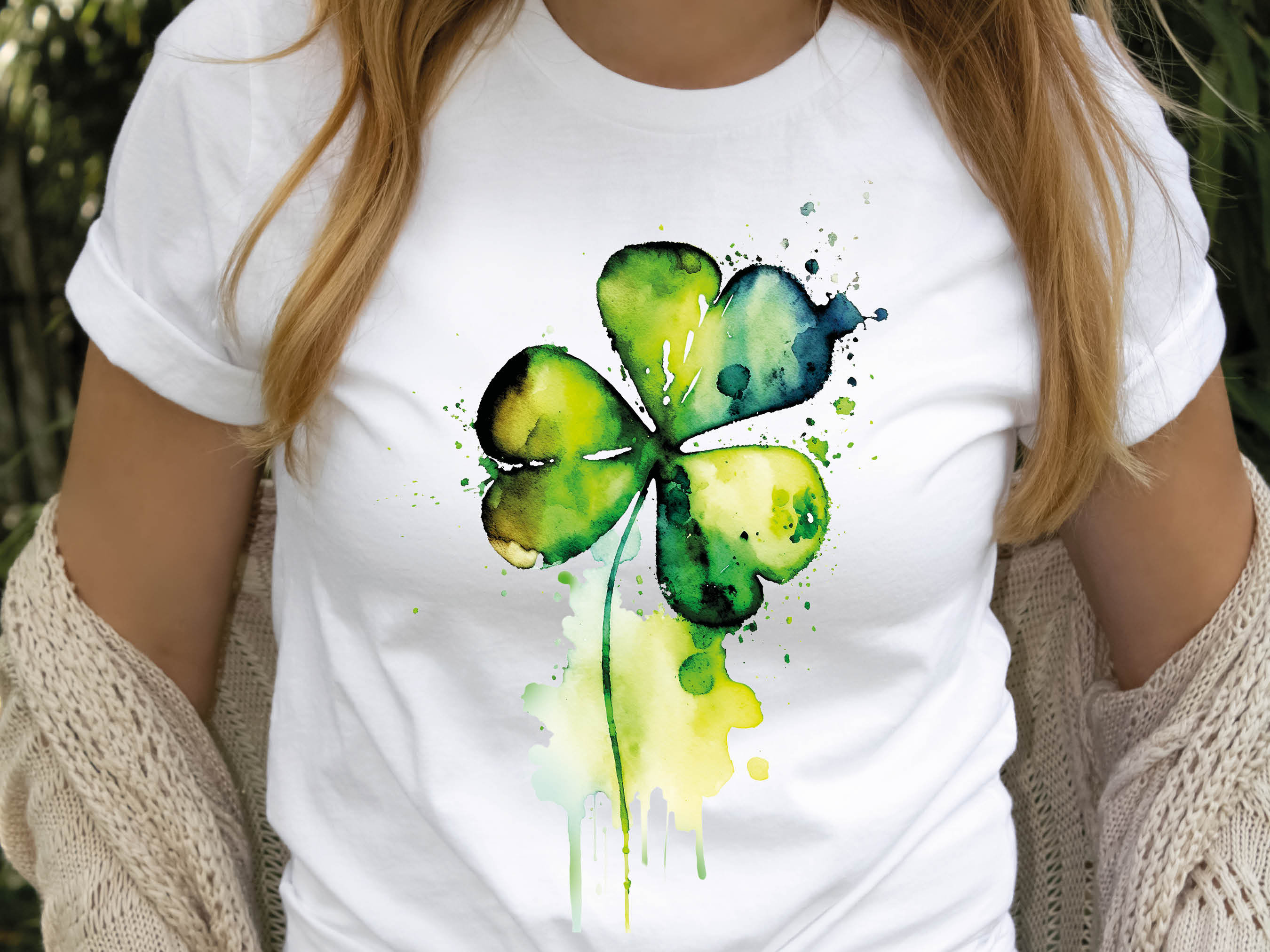 Shamrock Shirt St Patricks Day T-Shirt Vibrant Green Watercolour Painting Lucky Irish Clover Ireland Gift Minimal Elegant Messy Art Tee Leaf