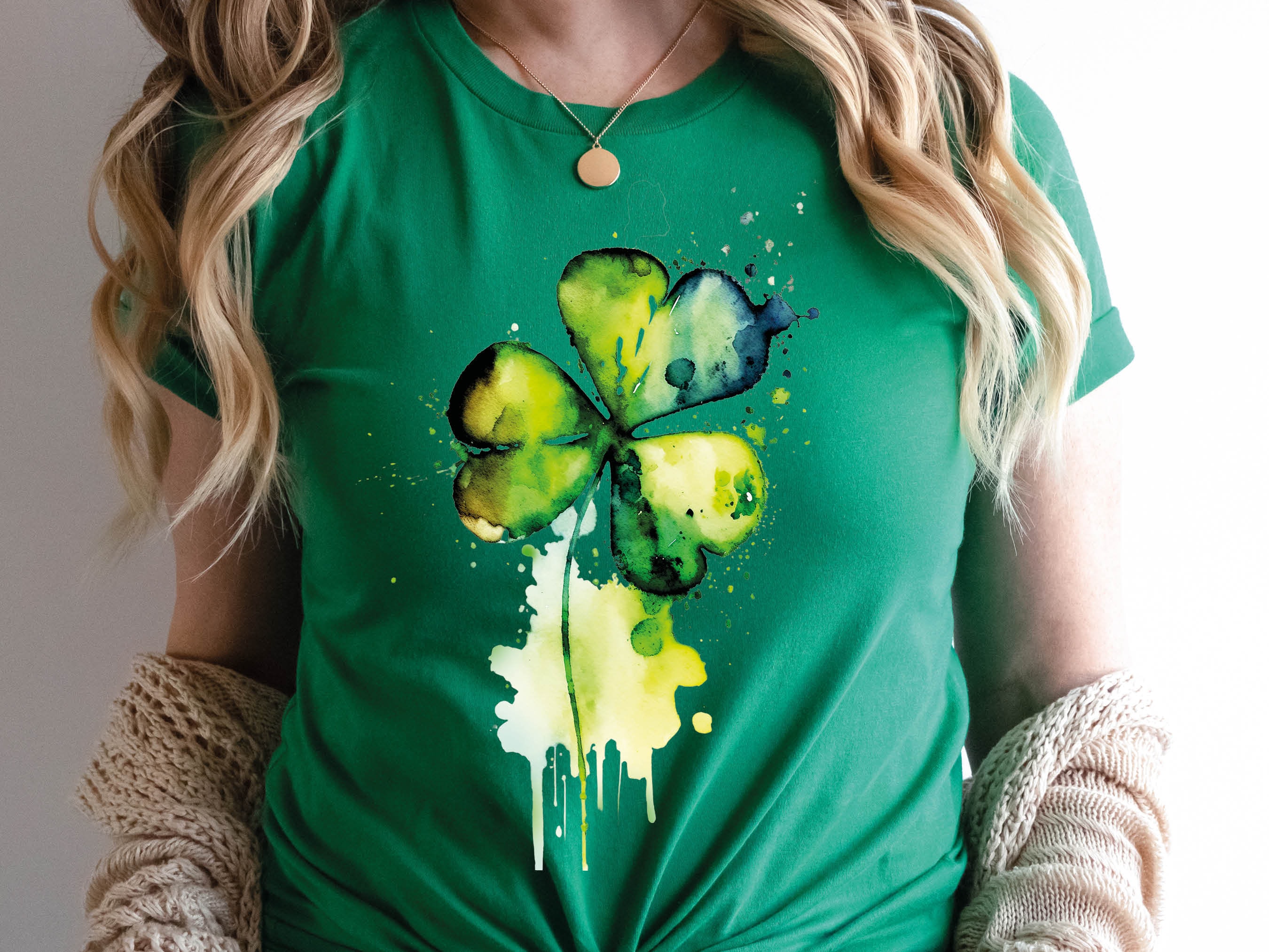 Shamrock Shirt St Patricks Day T-Shirt Vibrant Green Watercolour Painting Lucky Irish Clover Ireland Gift Minimal Elegant Messy Art Tee Leaf - View 8