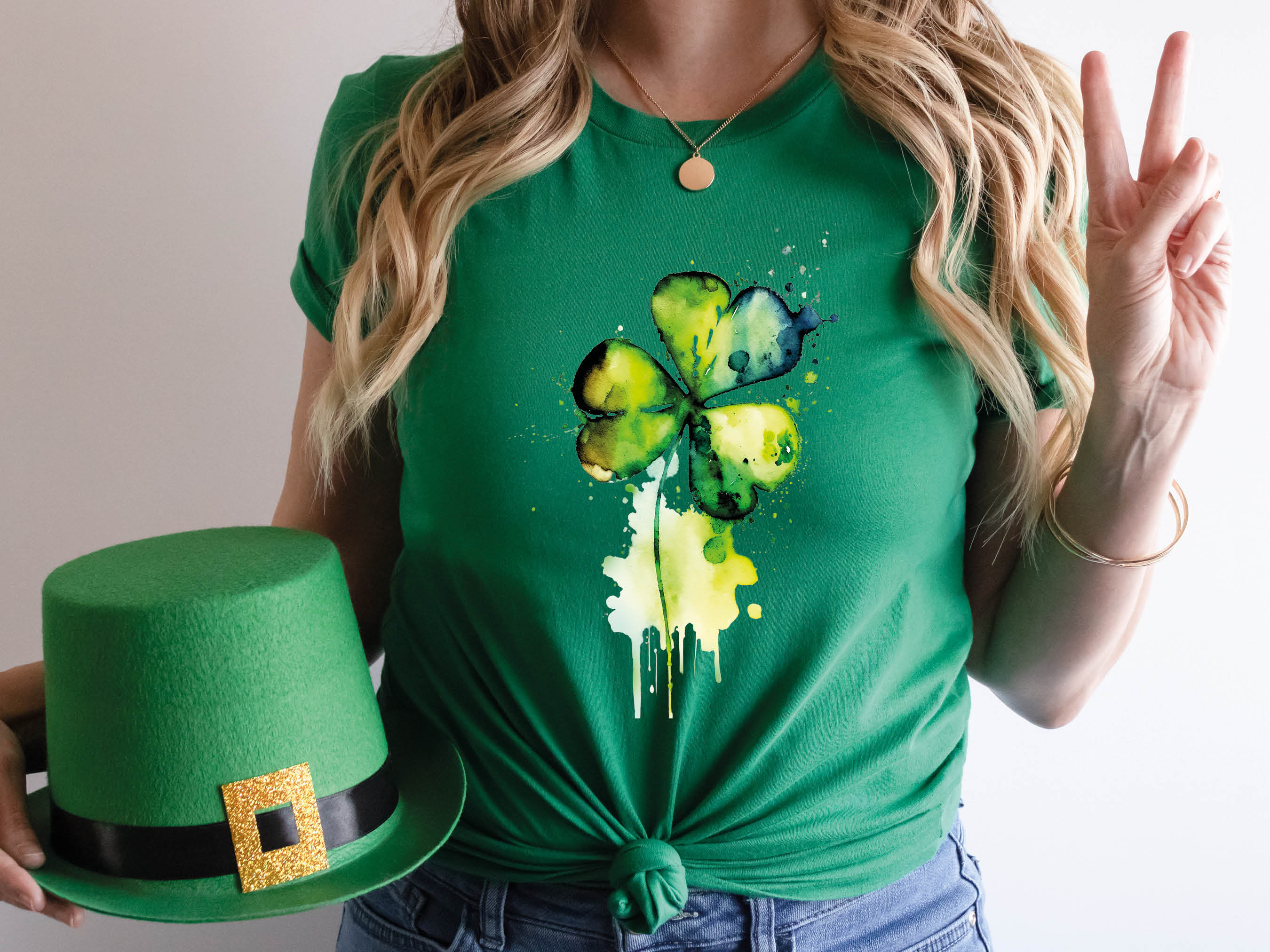 Shamrock Shirt St Patricks Day T-Shirt Vibrant Green Watercolour Painting Lucky Irish Clover Ireland Gift Minimal Elegant Messy Art Tee Leaf - View 3