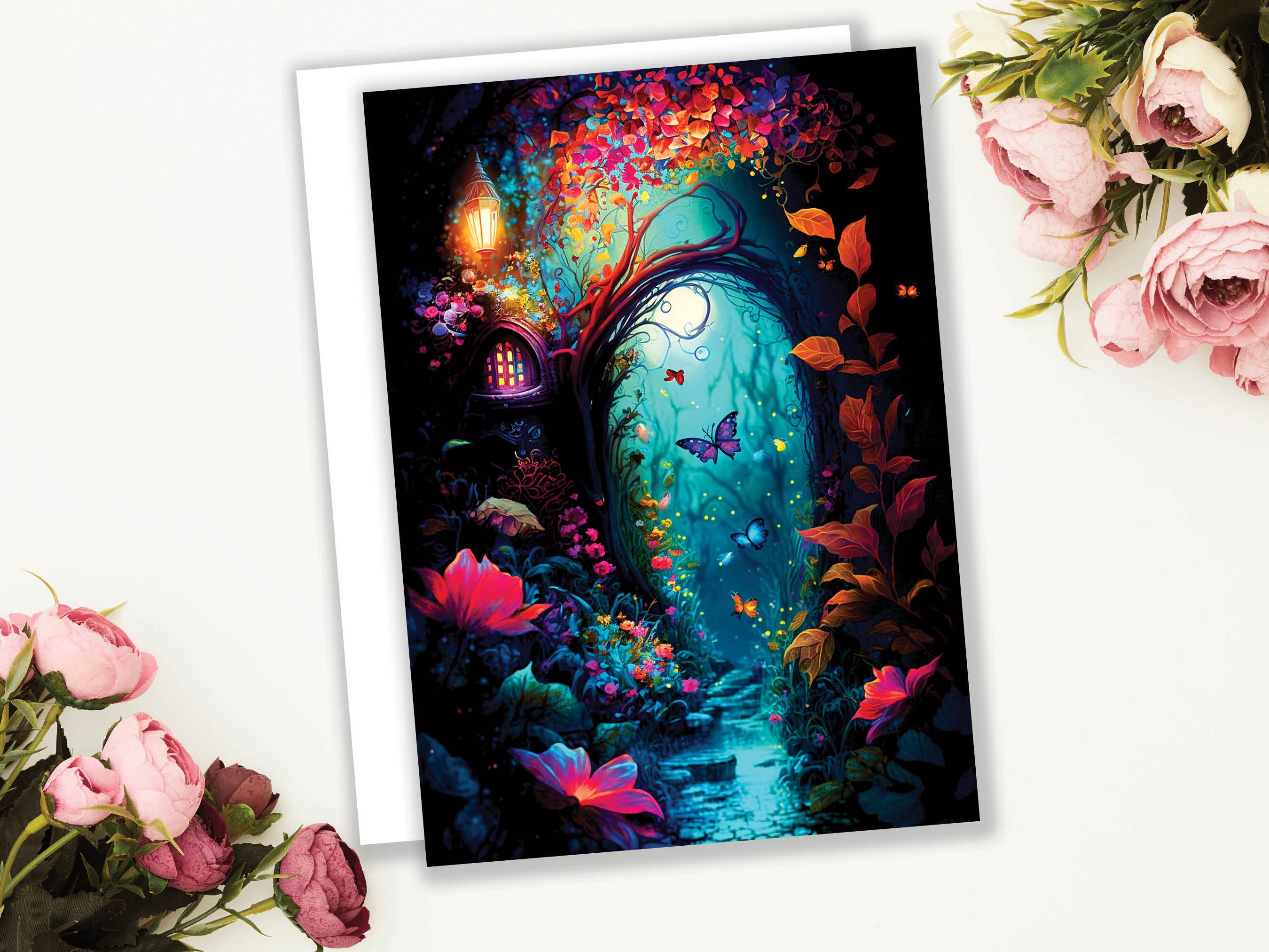 Summer Night Enchanting Garden Painting Greeting Card - View 3