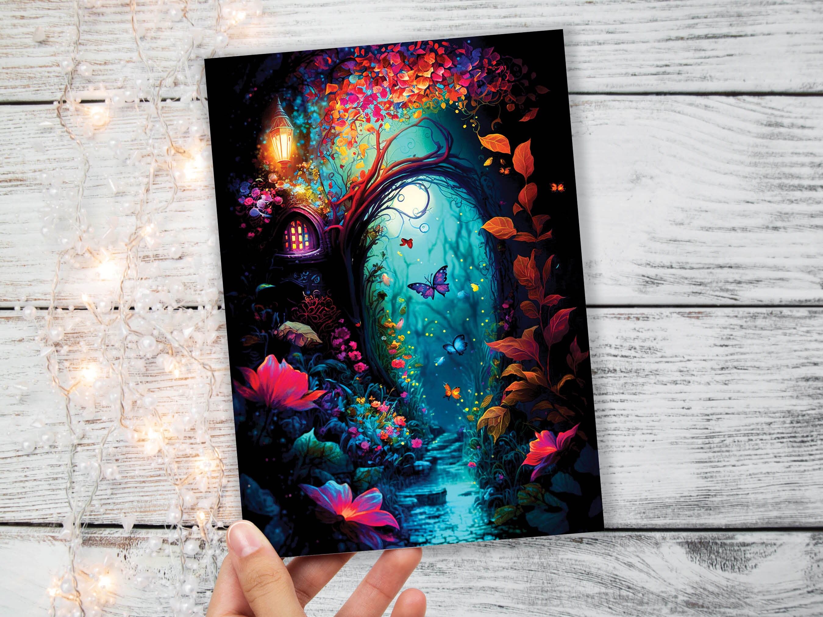 Summer Night Enchanting Garden Painting Greeting Card - View 4