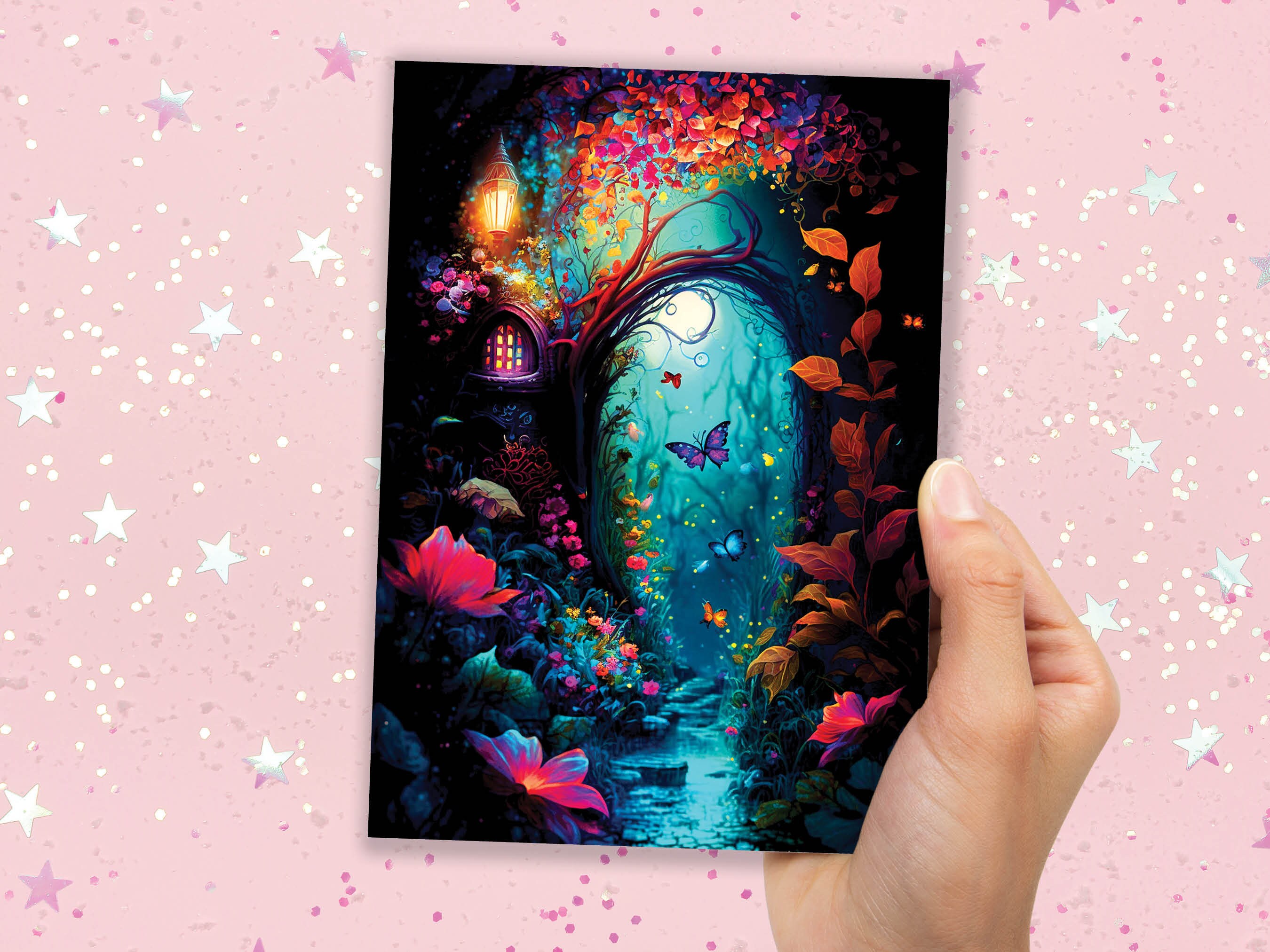 Summer Night Enchanting Garden Painting Greeting Card - View 5