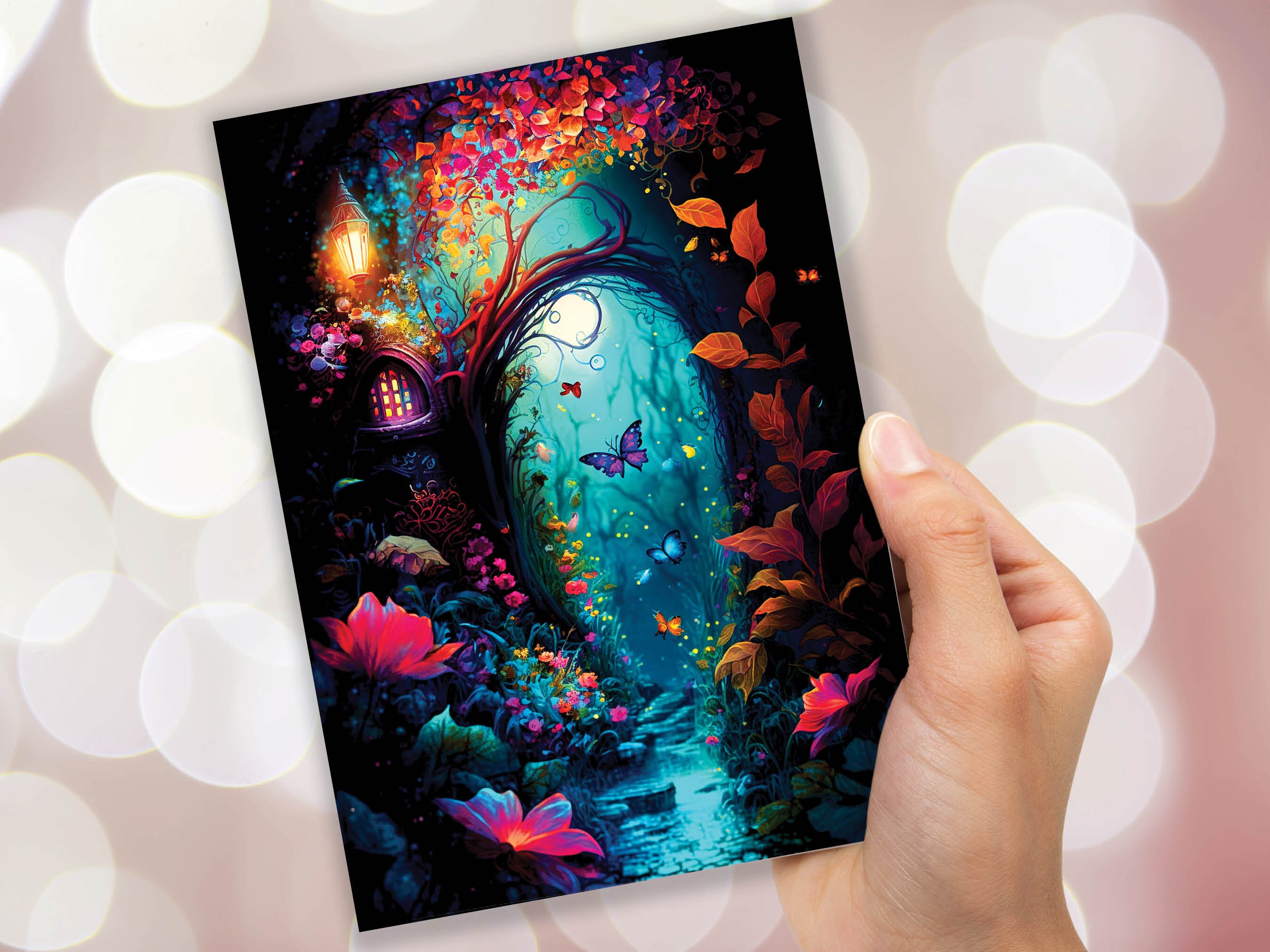 Summer Night Enchanting Garden Painting Greeting Card - View 8