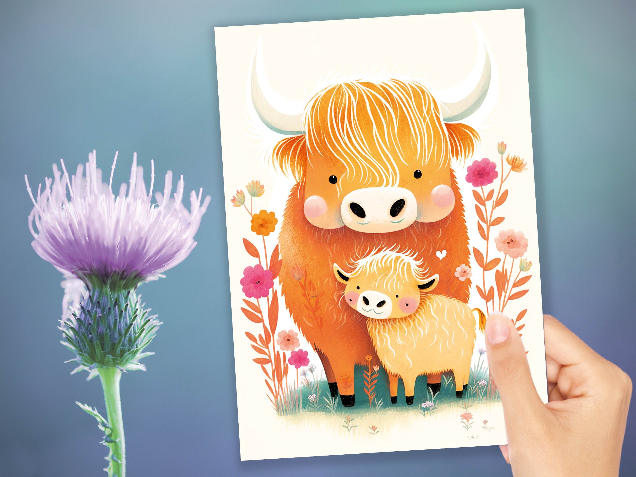 Mother and Baby Highland Cow Illustration Greeting Card Mother's Day Baby Shower Mum Mom Birthday Cards Cute Scottish Heilan Muckle Coo Coos - View 10