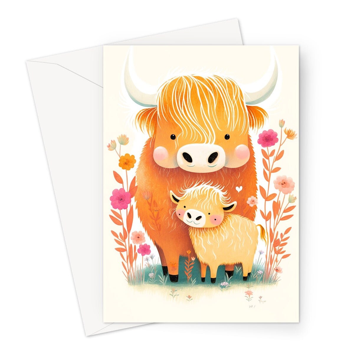 Mother and Baby Highland Cow Illustration Greeting Card Mother's Day Baby Shower Mum Mom Birthday Cards Cute Scottish Heilan Muckle Coo Coos - View 2