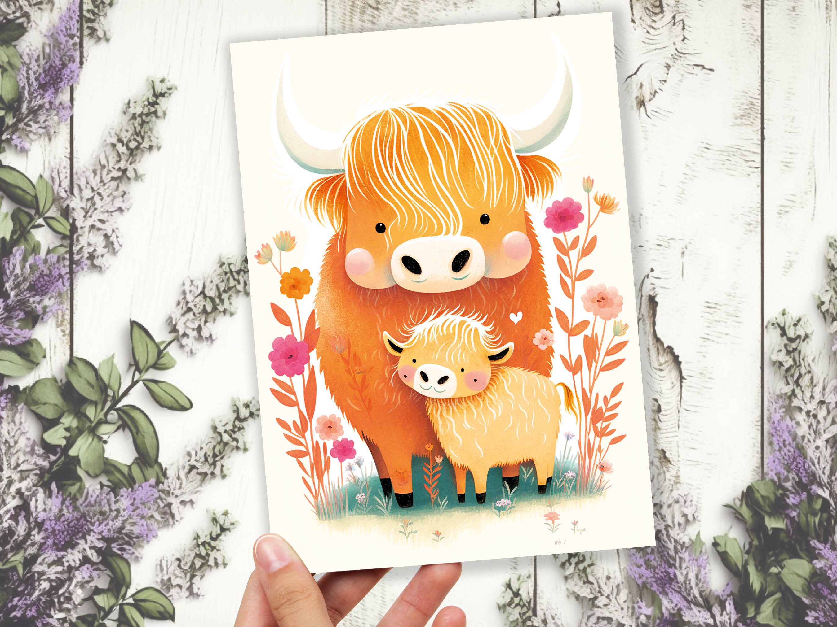 Mother and Baby Highland Cow Illustration Greeting Card Mother's Day Baby Shower Mum Mom Birthday Cards Cute Scottish Heilan Muckle Coo Coos - View 4