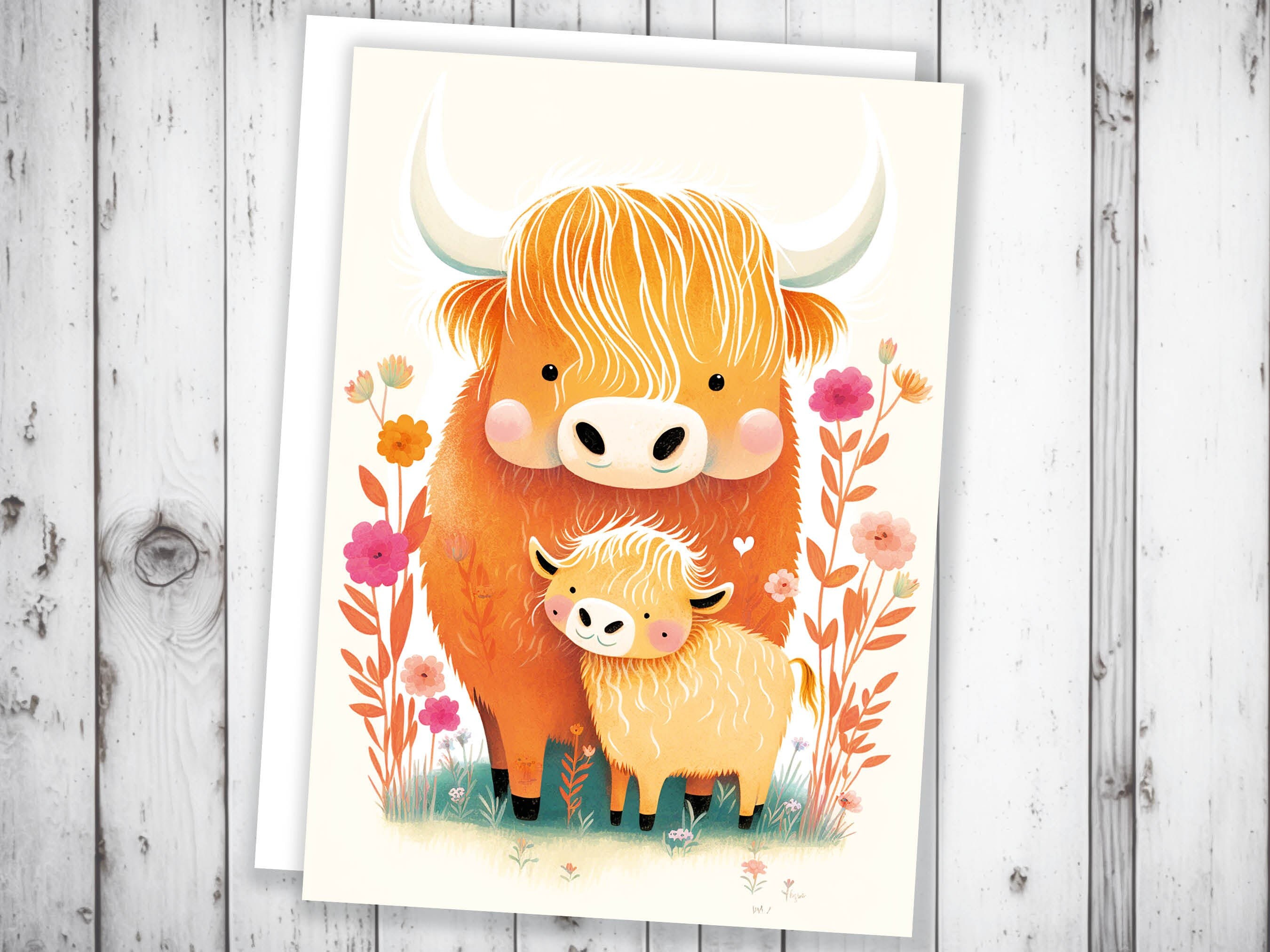 Mother and Baby Highland Cow Illustration Greeting Card Mother's Day Baby Shower Mum Mom Birthday Cards Cute Scottish Heilan Muckle Coo Coos - View 7