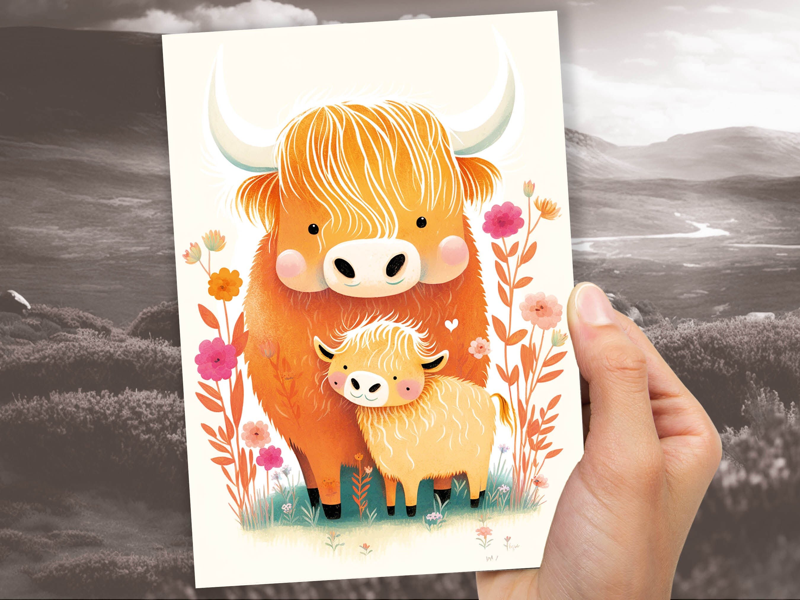 Mother and Baby Highland Cow Illustration Greeting Card Mother's Day Baby Shower Mum Mom Birthday Cards Cute Scottish Heilan Muckle Coo Coos - View 8