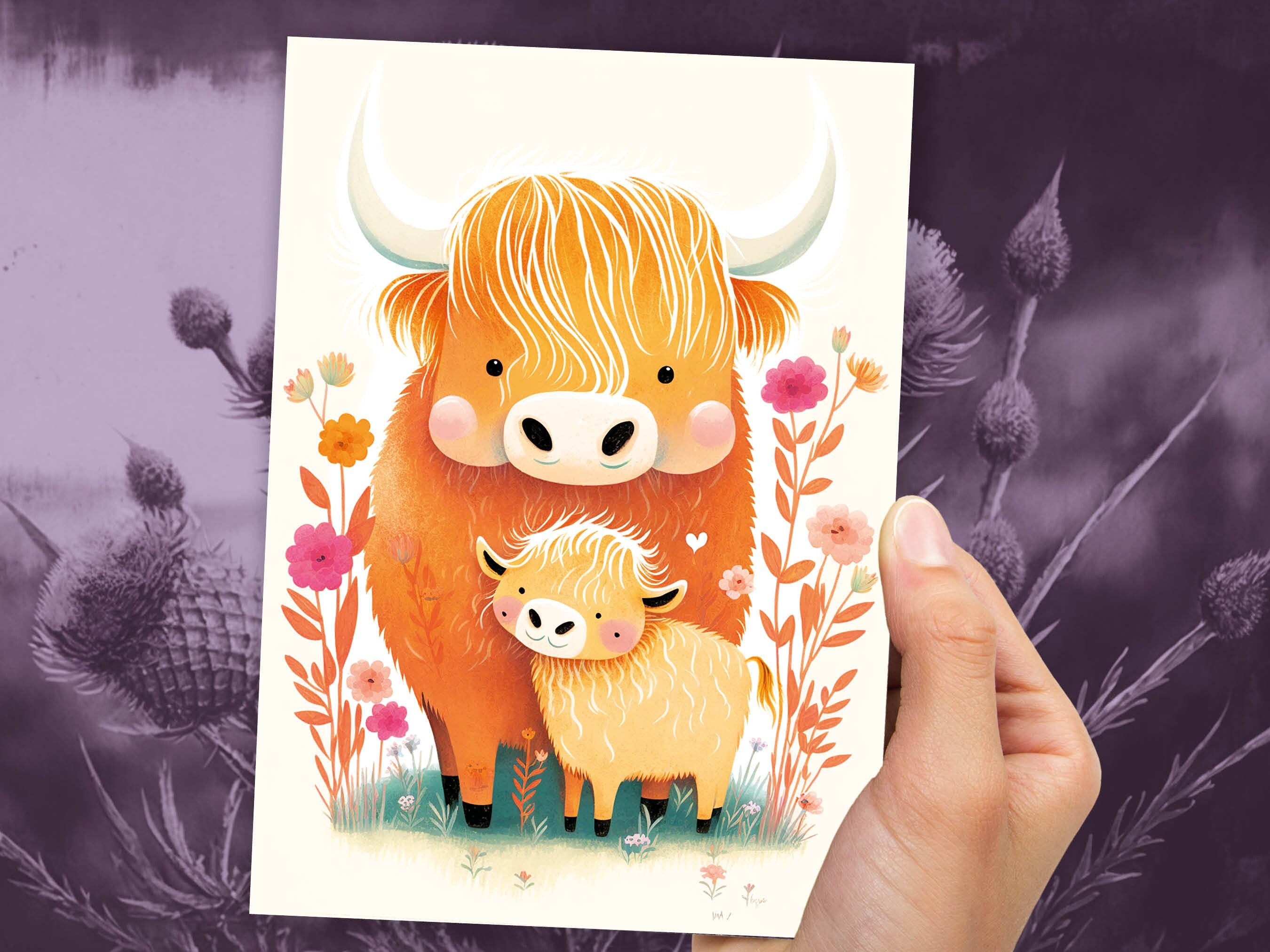 Mother and Baby Highland Cow Illustration Greeting Card Mother's Day Baby Shower Mum Mom Birthday Cards Cute Scottish Heilan Muckle Coo Coos - View 9