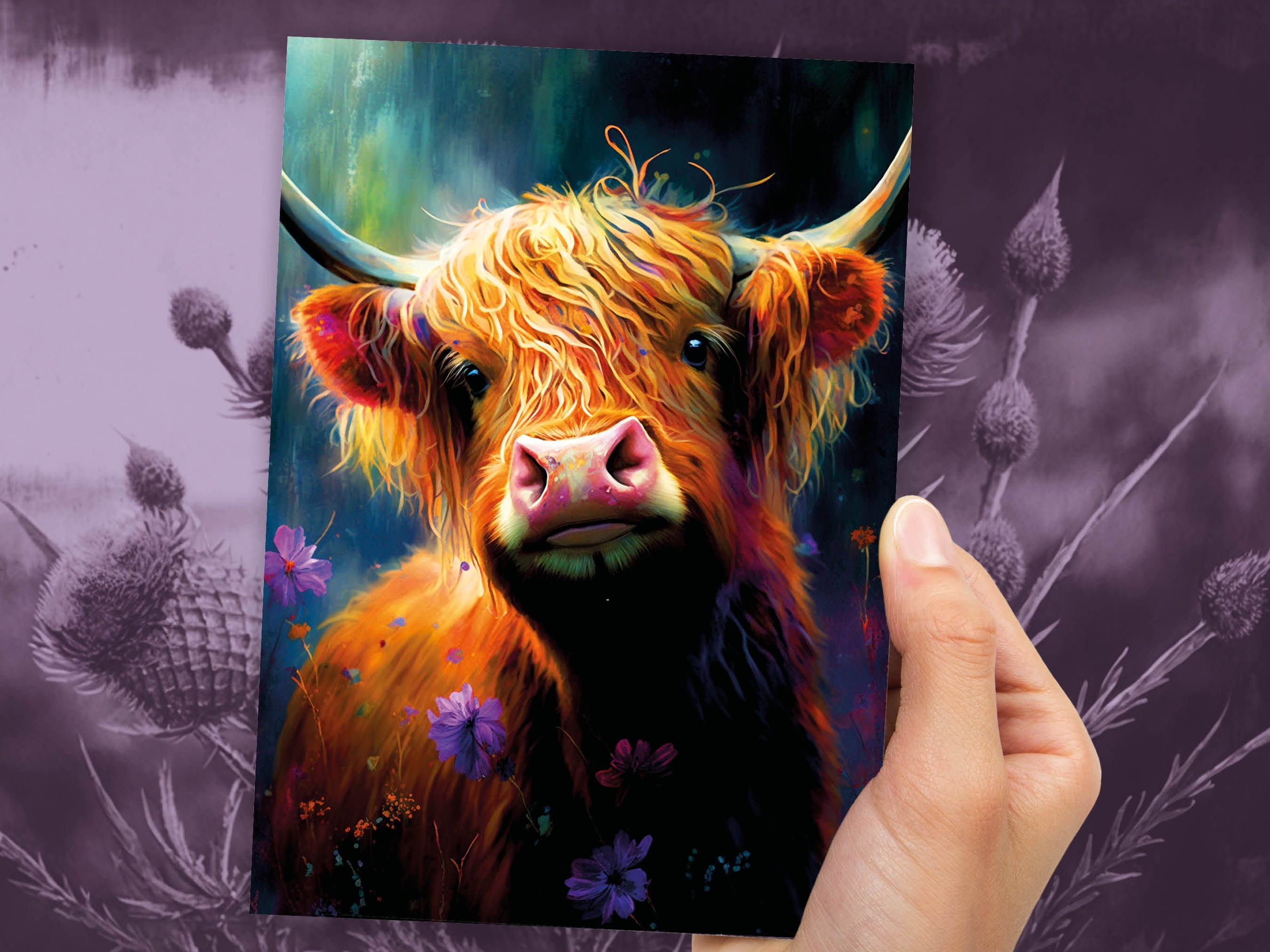 Heilan Coo Card for Scottish Friend from Scotland Artistic Pastel Drawing Art Hairy Highland Cow Lovers Cards for Scots Thank You Thanks BFF - View 10