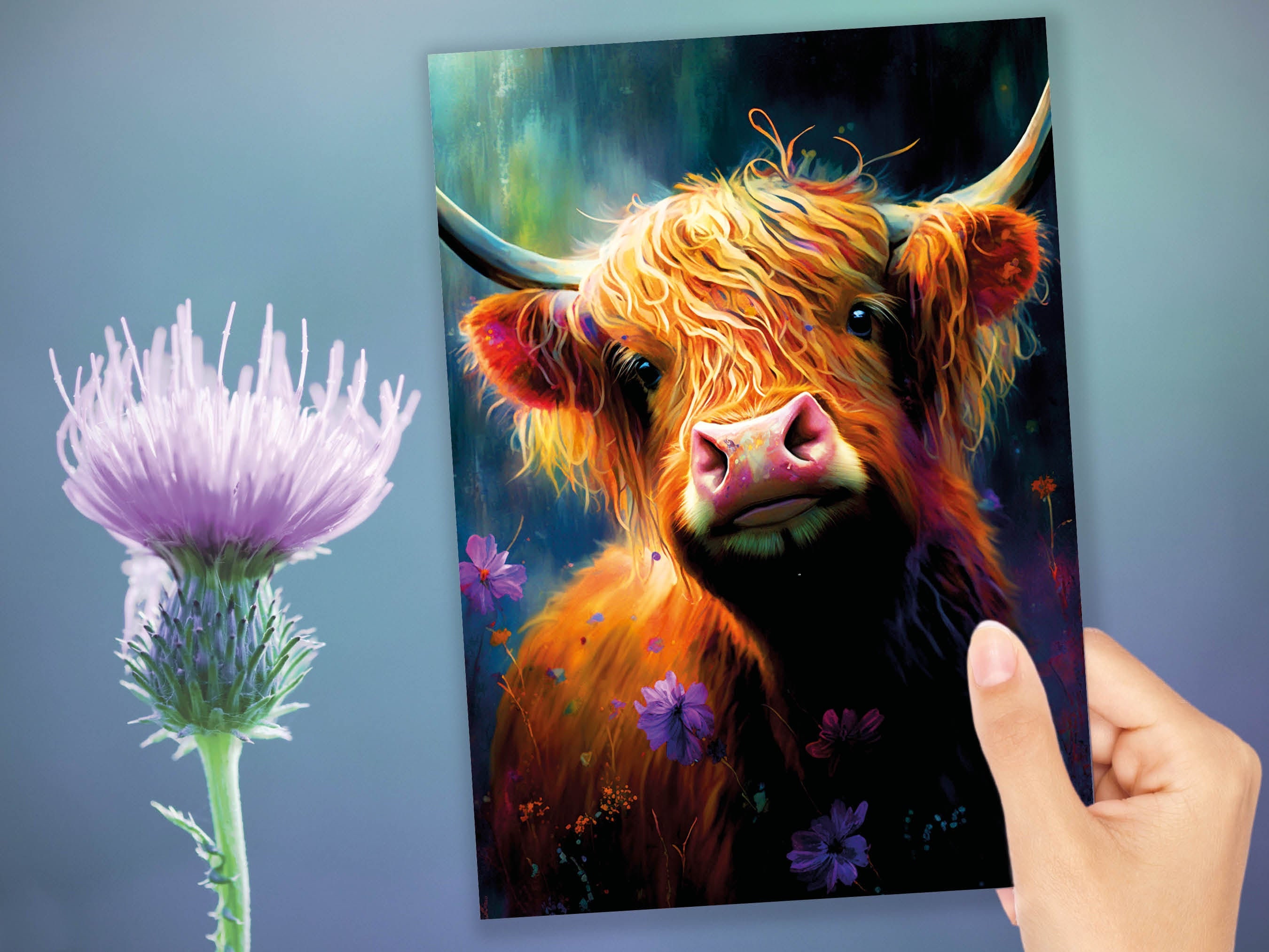 Heilan Coo Card for Scottish Friend from Scotland Artistic Pastel Drawing Art Hairy Highland Cow Lovers Cards for Scots Thank You Thanks BFF