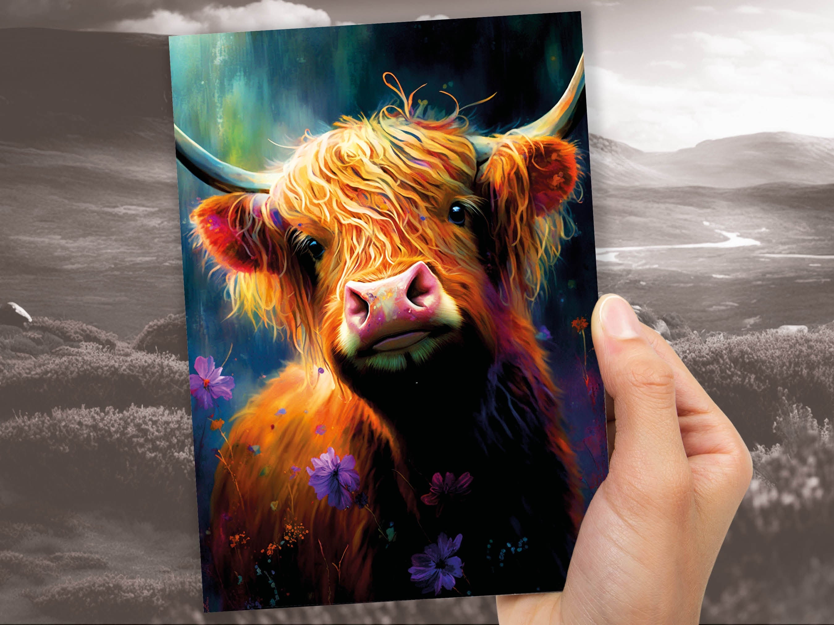 Heilan Coo Card for Scottish Friend from Scotland Artistic Pastel Drawing Art Hairy Highland Cow Lovers Cards for Scots Thank You Thanks BFF - View 9