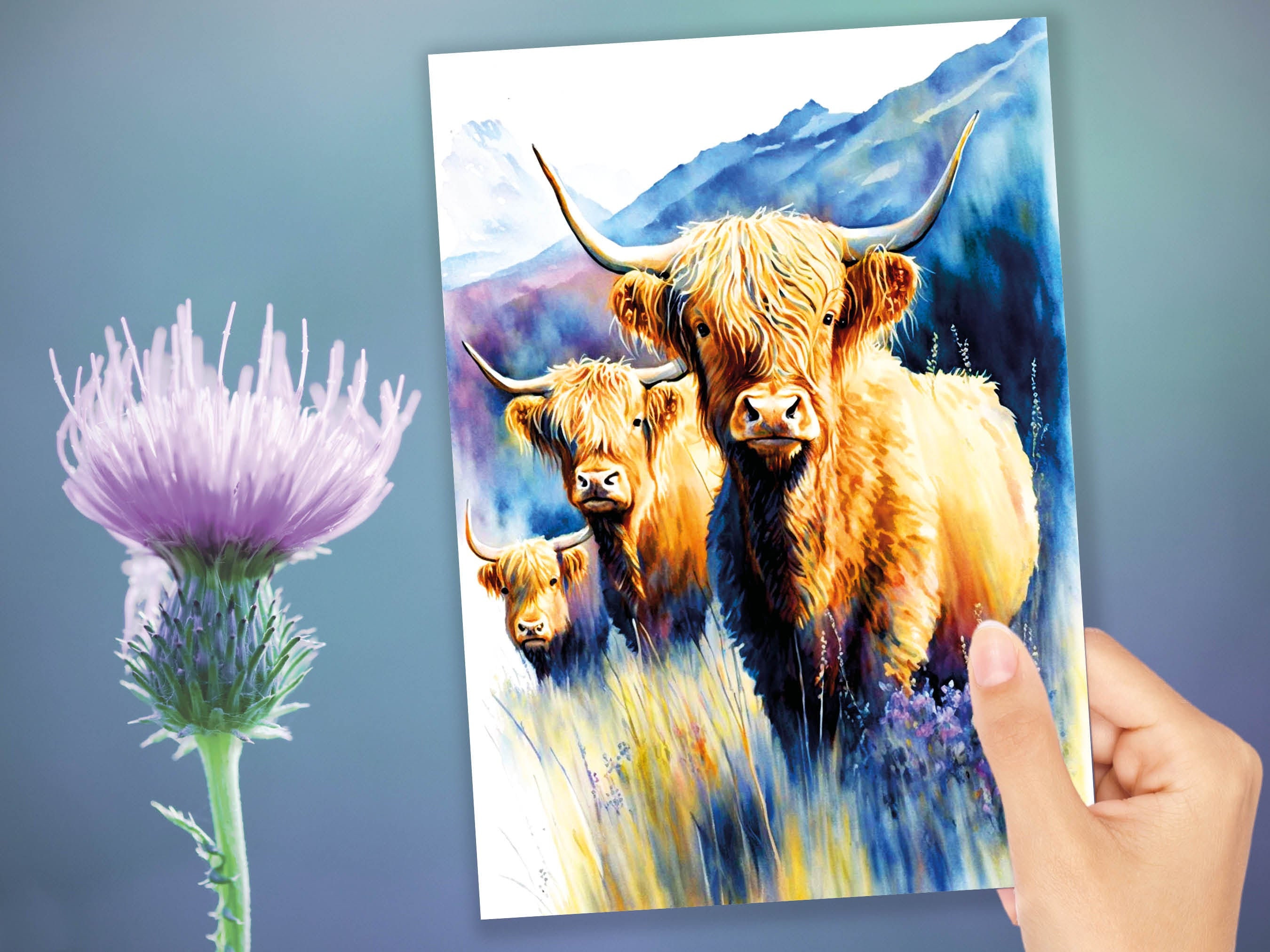 Watercolour Highland Cows Summer Card Scottish Heather Field Mountain Landscape Mother's Day Birthday Mum Mom Mummy Rustic Cow Lovers Cards - View 10